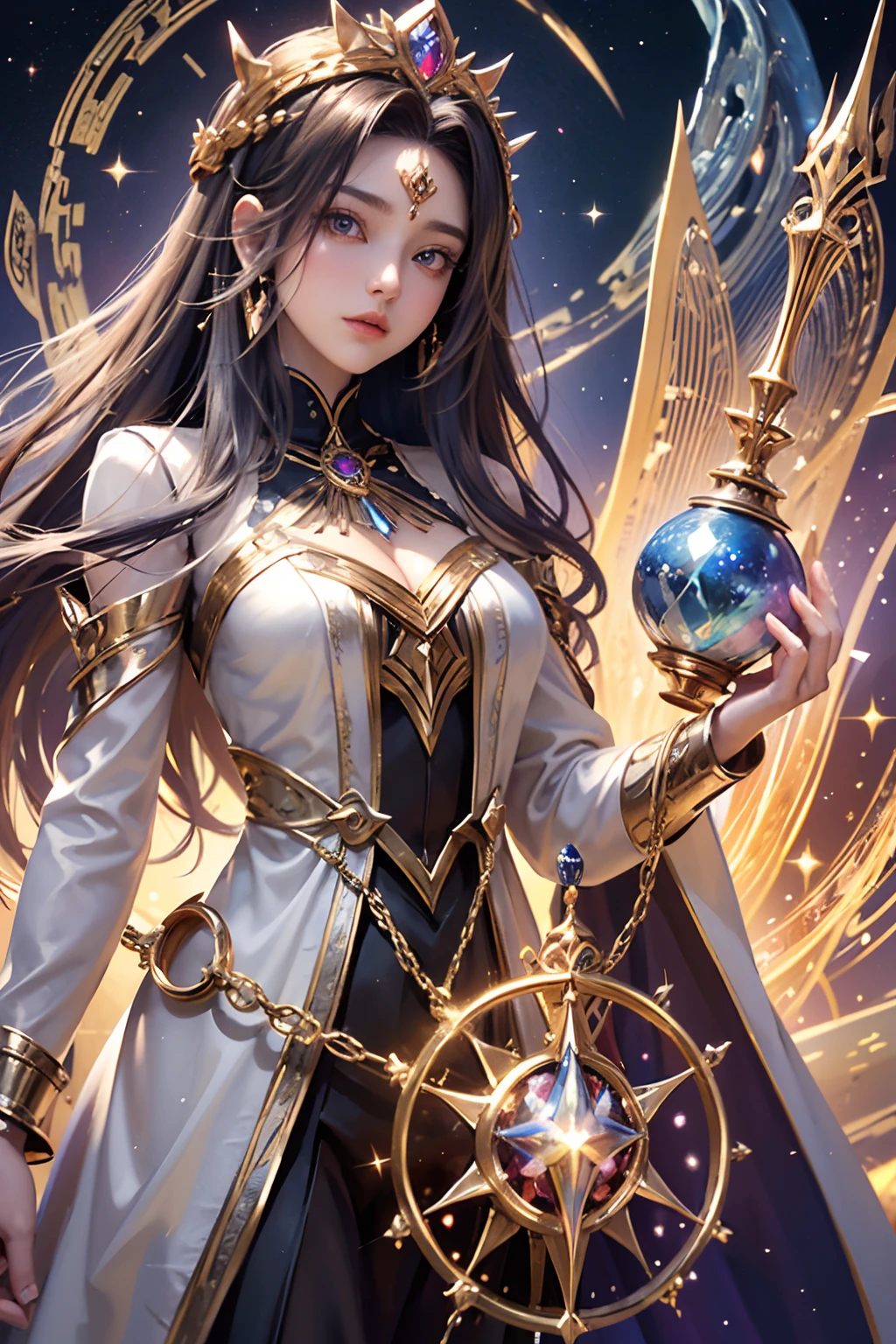 "(Masterpiece, Top Quality: 1.2), Official Art, Time Goddess, Standing Amidst the Sands of Time, Holding the Cosmic Hourglass, Eyes (Chronicles of Eternity: 1.3), Crown of Shimmering Clockwork, (Robe of Flowing Time: 1.4), (Temporal Background: 1.1), (Aura of Temporal Majesty), Gazing Through the Sands of History."
