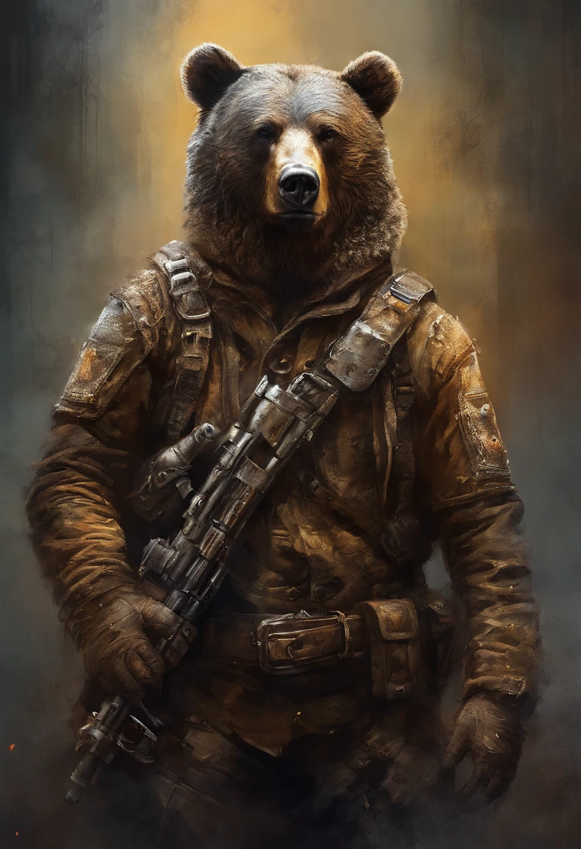 Cinematic still of bear wearing a bulletproof vest, tactical gloves, carrying a realistic weapon, running away in a city on fire. Debris from explosion in the foreground, Apache helicopters flying in the horizon. Deep depth of field, vignette, highly detailed, high budget, bokeh, Cinemascope, moody, epic, film grain, grainy. movie poster style, red background, ink, BOOM