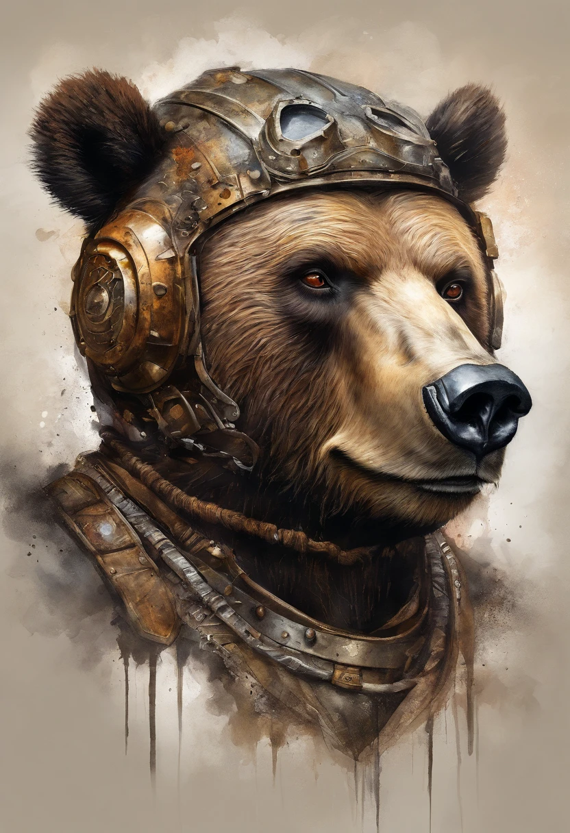 maximum quality, Dramatic lighting, menacing pose, fierce expression, epic atmosphere, (((Bear head shaped helmet))), (((full body shot))),a bear made out of metal, cyborg, cyberpunk style, clockwork, ((intricate details)), hdr, ((intricate details, hyperdetailed)), incandescent lamps, cinematic shot, vignette, bokeh effect beckground, (canines), (full body shot).