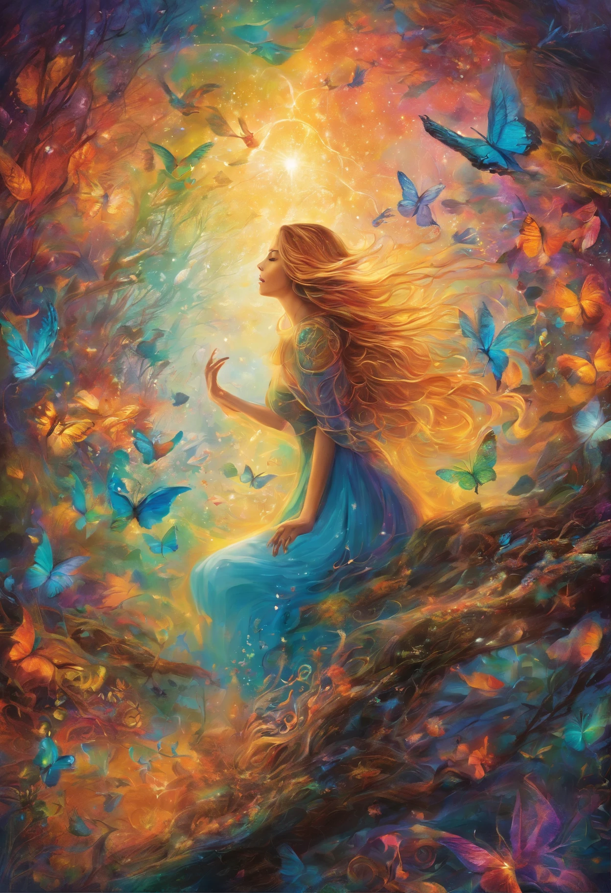 Girl casting a mysterious glowing spell, Fantasy Rainbow Forest, Vibrant colors, Ethereal lighting, Detailed leaves, Magical atmosphere, Mesmerizing views, dreamy ambiance, Sparkling brilliance, flowing robe, A small piece of magic, Ethereal creatures, Enchanted Tree, sparkling streams, Radiant energy, mystic symbols, Surreal Beauty, Otherworldly scenery, Swirling mist, Enchantment in the air, captivating moment, seductive sight, Ethereal essence, magic spells, Mystical aura, Bewitching charm, Enchanting onlookers, Transcendental experience, magic vortex, Hidden secrets, Capricious creatures, Vibrant enchantment, enchanting atmosphere, Ethereal melodies, radiant light rays, Otherworldly colors, Captivating movement, Joyful celebration in nature, Enchanting nymph, Supernatural powers, Pulsating energy, Enchanting spells, Fantastic realm, Transcendental experience,Western painting,Old picture,