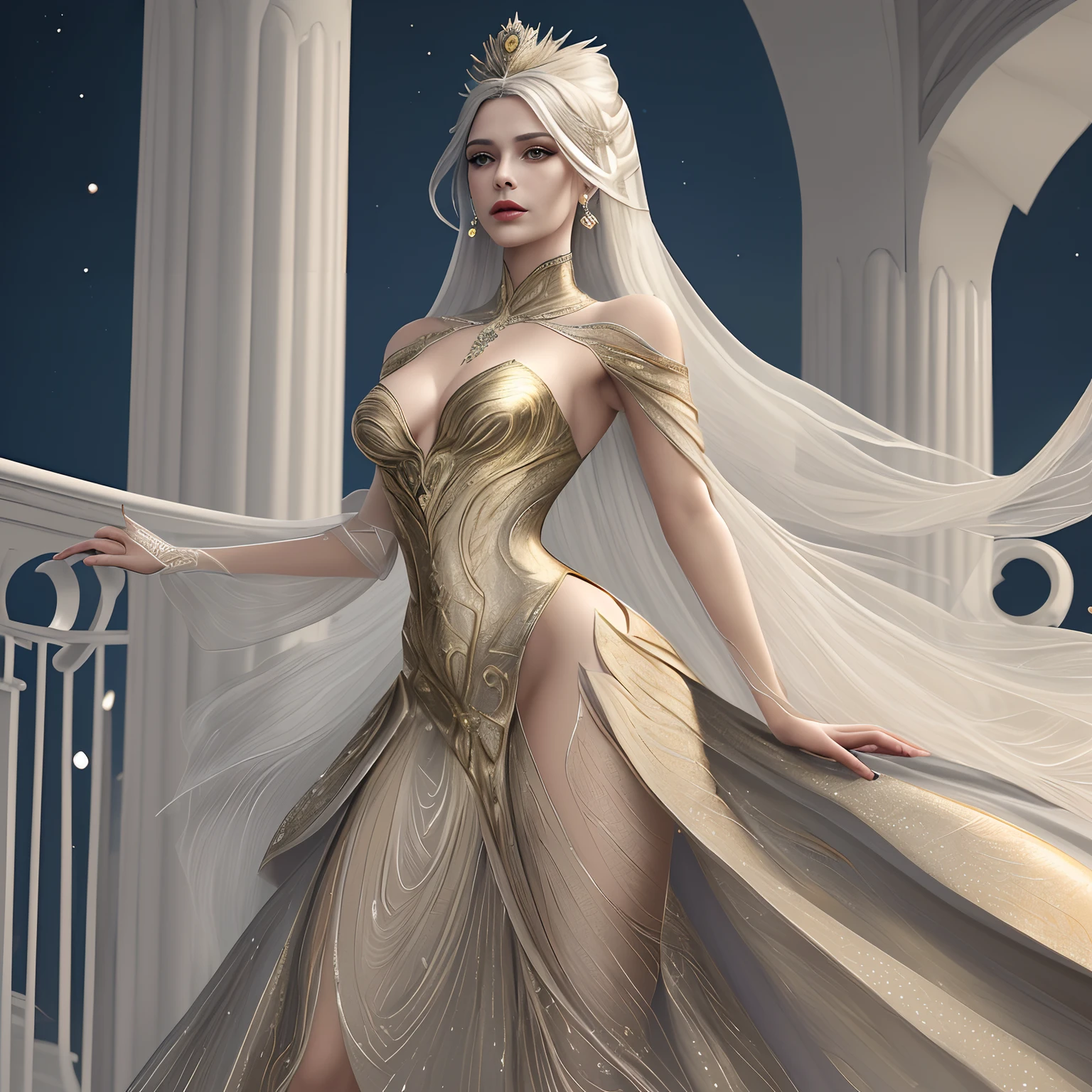 A woman in a silver and gold dress standing on a balcony, bela arte digital, deusa bonita, ethereal beauty, pose elegante e deslumbrante, bela arte de fantasia, vestido sexy, karol bak uhd, Flowing dress, vestido de fantasia, mulher da fantasia, cgssociedade, impressionante;, usando um Vestido elegante, Vestido elegante, fantasia vestido longo intrincado, uma bela imperatriz fantasia, stunning digital illustration