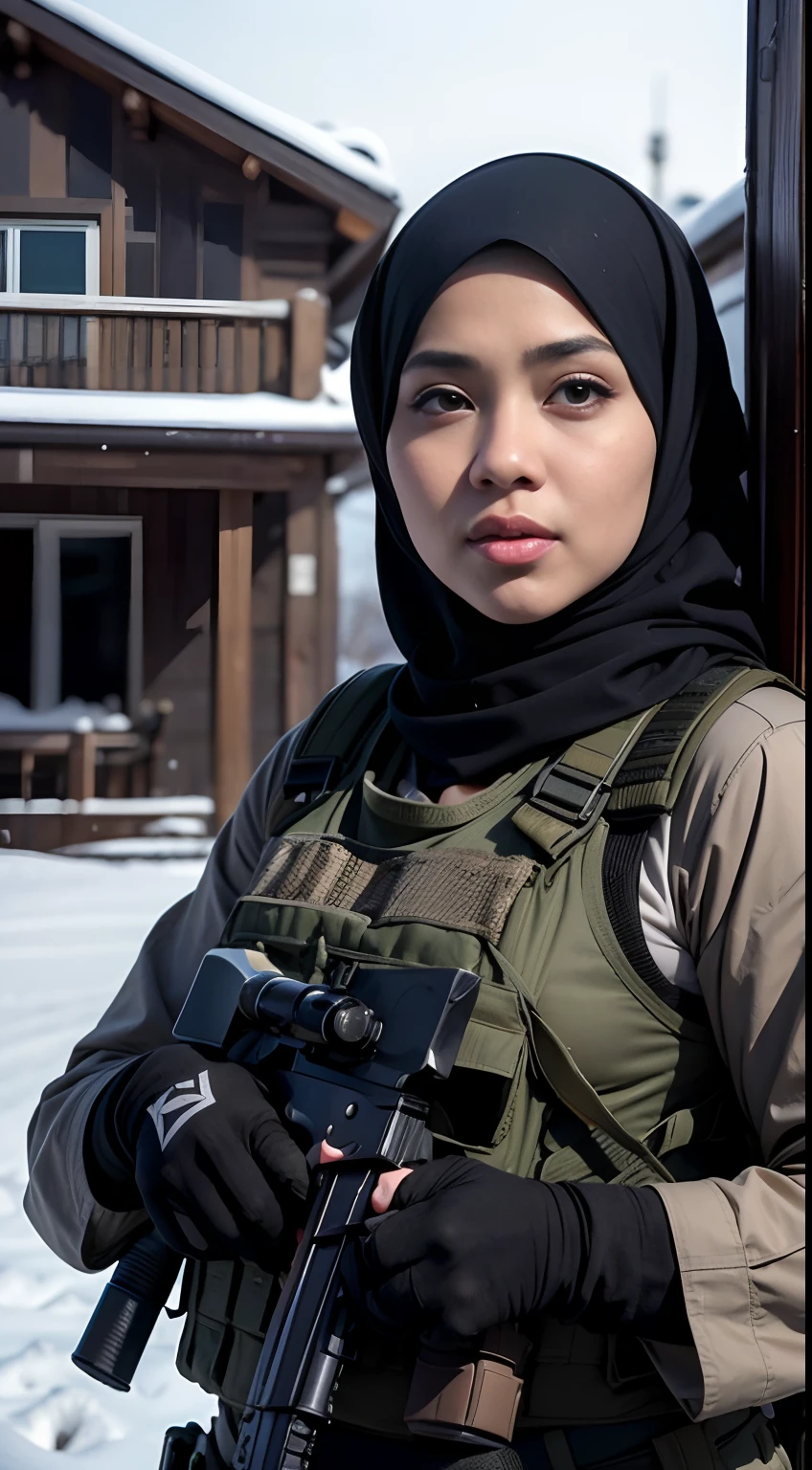The heroine of the movie "GODZILLA Godzilla". A malay woman in hijab desperately fleeing from Godzilla in a devastated Los Angeles, carrying AK-47 rifle, hijab disheveled, black baju kurung stained and torn, running through rubble. Crumbling buildings, burning flames, white skin, smooth skin, stunningly beautiful face, detail, photorealistic, 8K.
