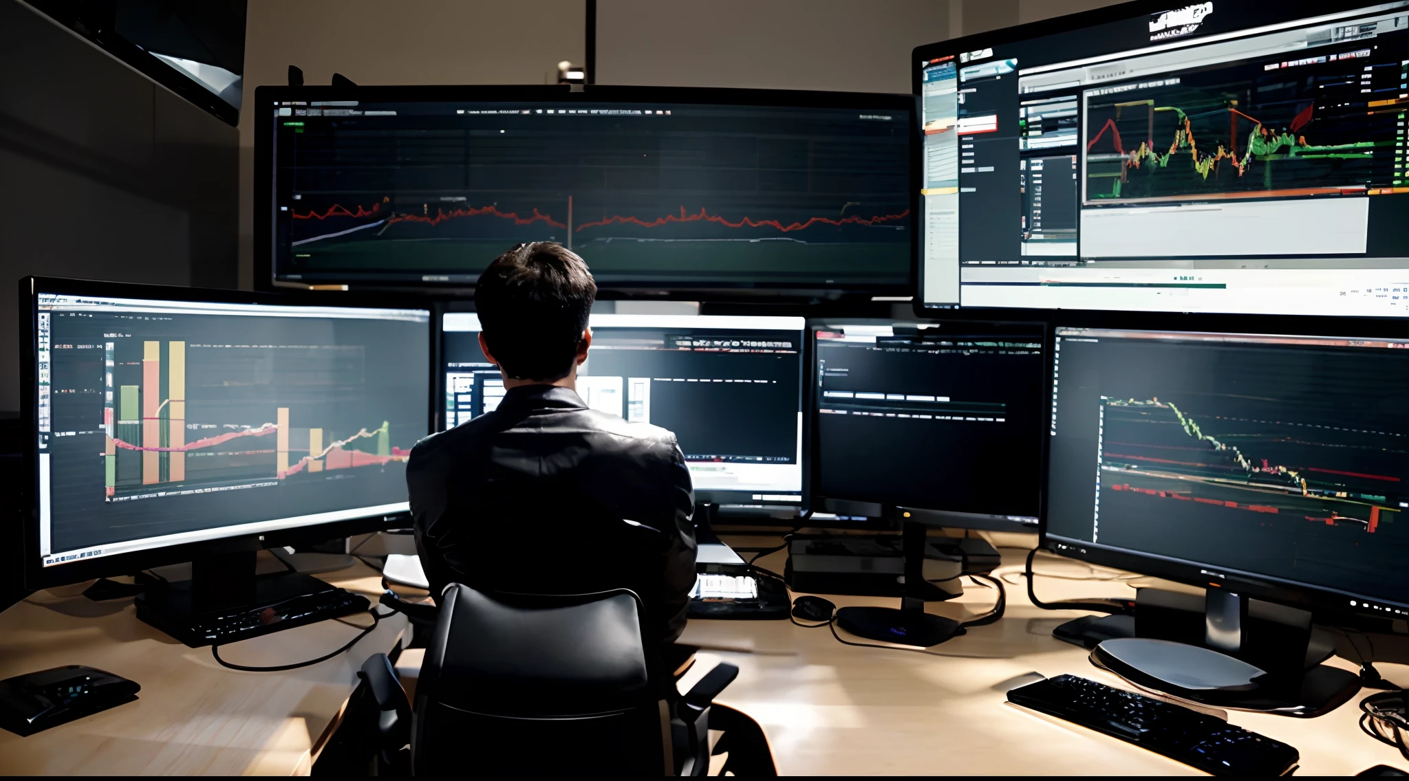 There's a man sitting at a desk with two computer monitors, sentado em um computador, sentado em frente ao computador, olhando para o monitor, displaying stock charts, sentado em uma mesa de computador, na frente de um computador, trading, trading stocks,
