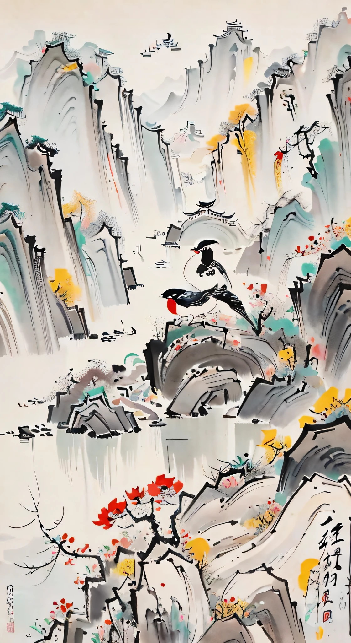 Spring tea garden picture，chinese brush pen illustration，Wu Guanzhong style，Chinese painting style，Chinese traditional painting，Tradition Chinese Ink Painting，Chinese style painting，Chinese watercolor style，China ink painting，a beautiful artwork illustration，Traditional Chinese art，chinese paintings，