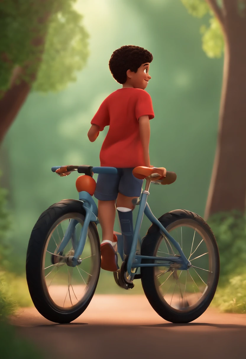 A happy cute boy standing on black hair goosebumps, cor da pele moreno, camisa vermelha, bermuda preta, andando de bicicleta , Estilo Pixar, ........3d, desenhos animados, rosto detalhado 8k, andar de bicicleta