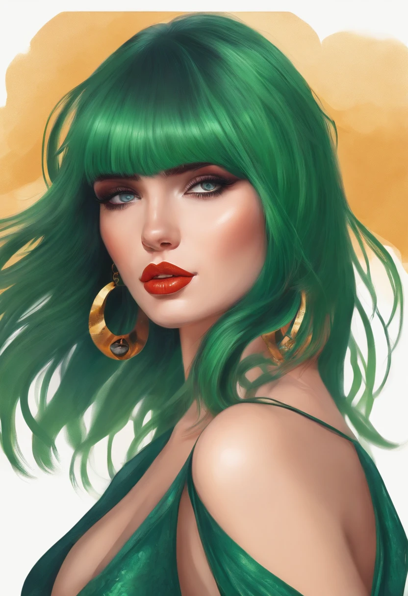 Sexy curvy girl with bangs and green hair
