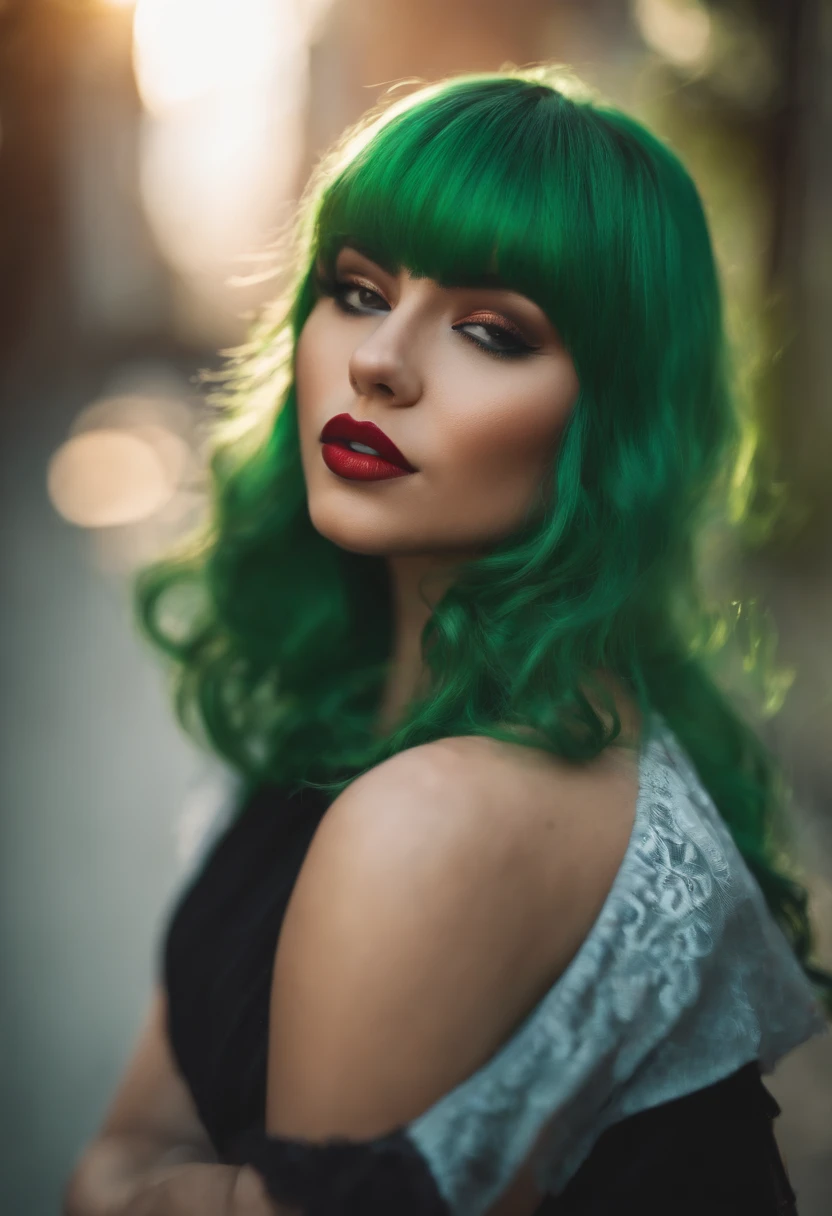 Sexy curvy girl with bangs and green hair