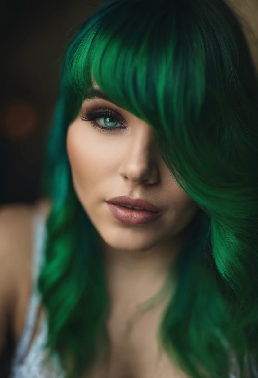 Sexy curvy girl with bangs and green hair