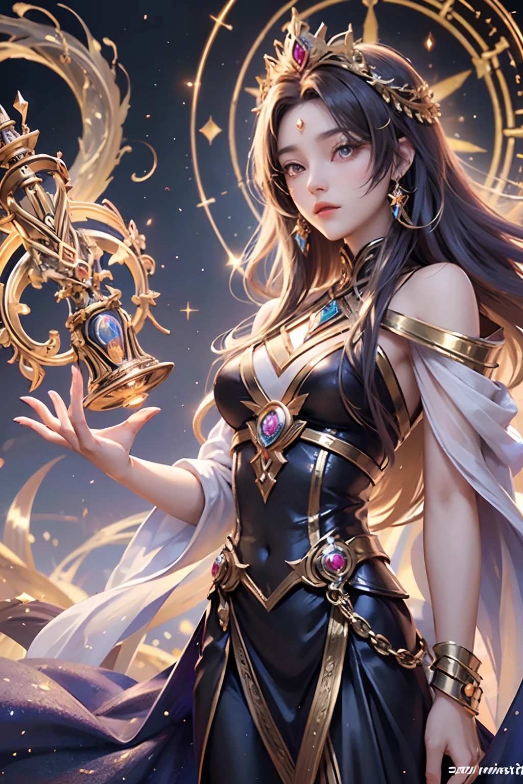 "(Masterpiece, Top Quality: 1.2), Official Art, Time Goddess, Standing Amidst the Sands of Time, Holding the Cosmic Hourglass, Eyes (Chronicles of Eternity: 1.3), Crown of Shimmering Clockwork, (Robe of Flowing Time: 1.4), (Temporal Background: 1.1), (Aura of Temporal Majesty), Gazing Through the Sands of History."