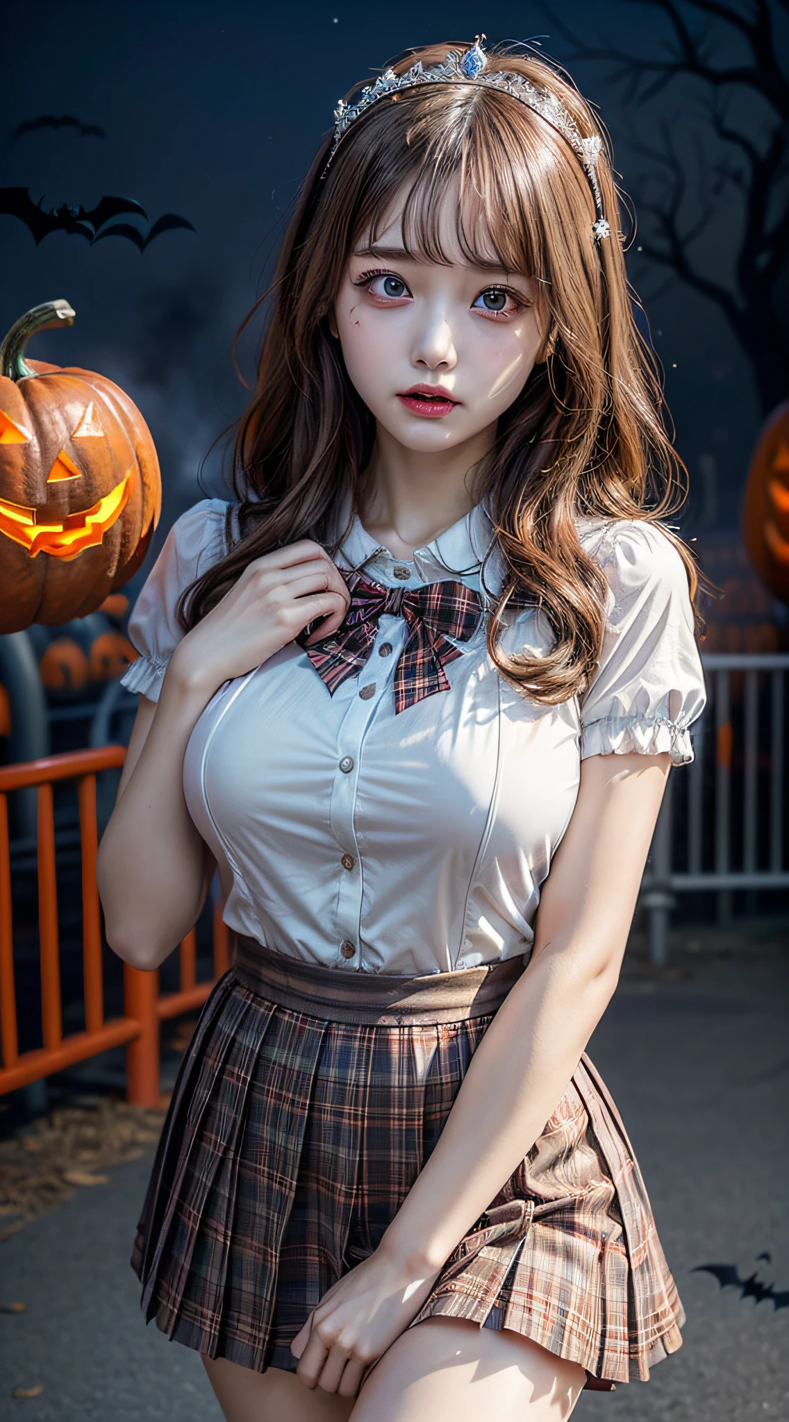 (A photo of a beautiful girl wearing a princess dress:1.5), 1beautiful girl, Amazing face and eyes, (extremely detailed beautiful face), (The sexiest look), (Beautiful big breasts:1.2), (School uniform, Pleated miniskirt:1.2), (Best Quality:1.4), (Ultra-detailed), (extremely detailed CG unified 8k wallpaper), Highly detailed, RAW Photos, Professional Photography, (Night amusement park, Halloween:1.5), (An eerie amusement park shrouded in thick fog), (Hordes of zombies), A scene from a movie,