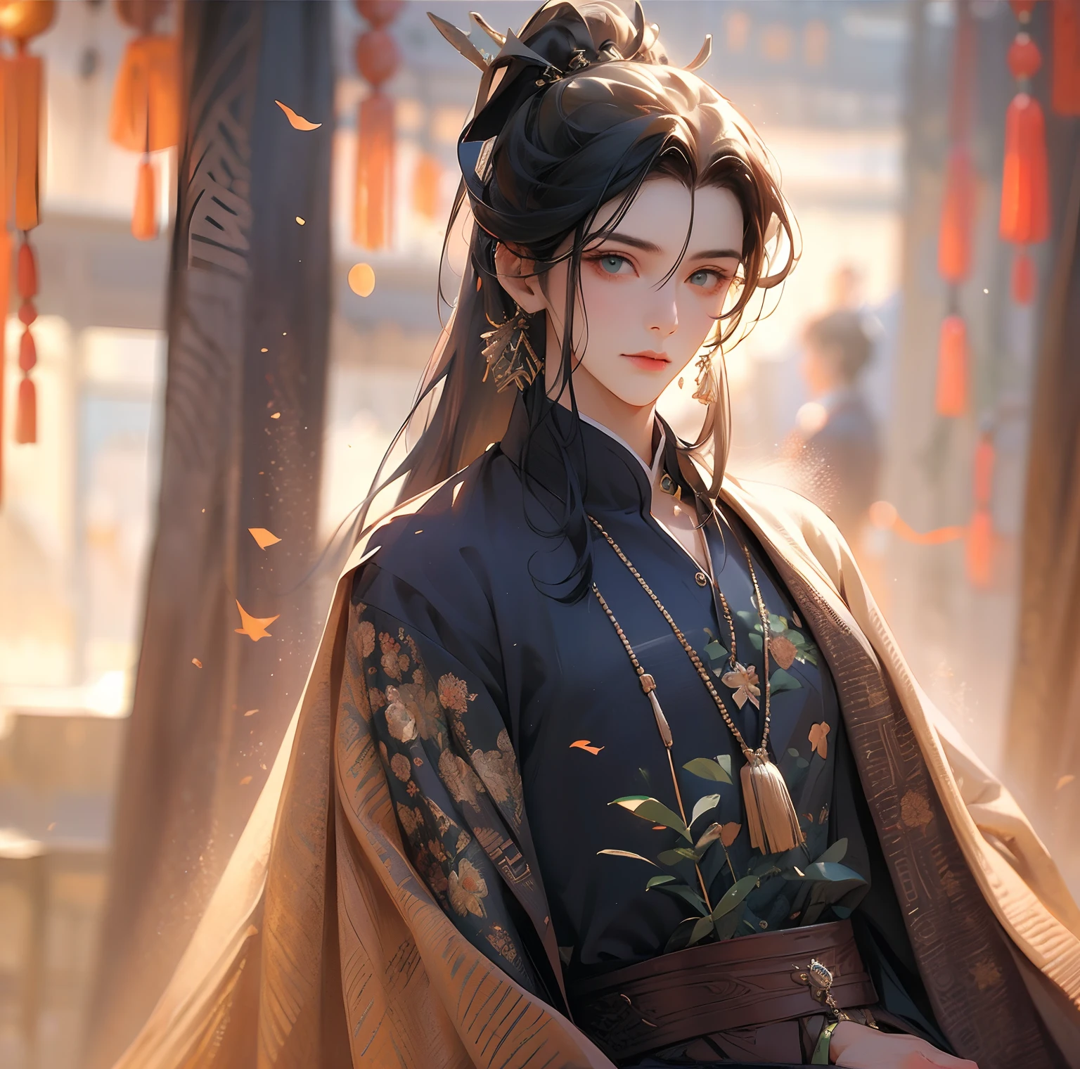 masterpiece,(masterpiece, top quality, best quality),(((realistic))),(3d:1.2),jewelry,long hair,earrings,(1boy:1.3),male focus,solo,hair ornament,ponytail,looking at viewer,chinese clothes,upper body,black hair, handsome, green eyes, huadian, green clothes,