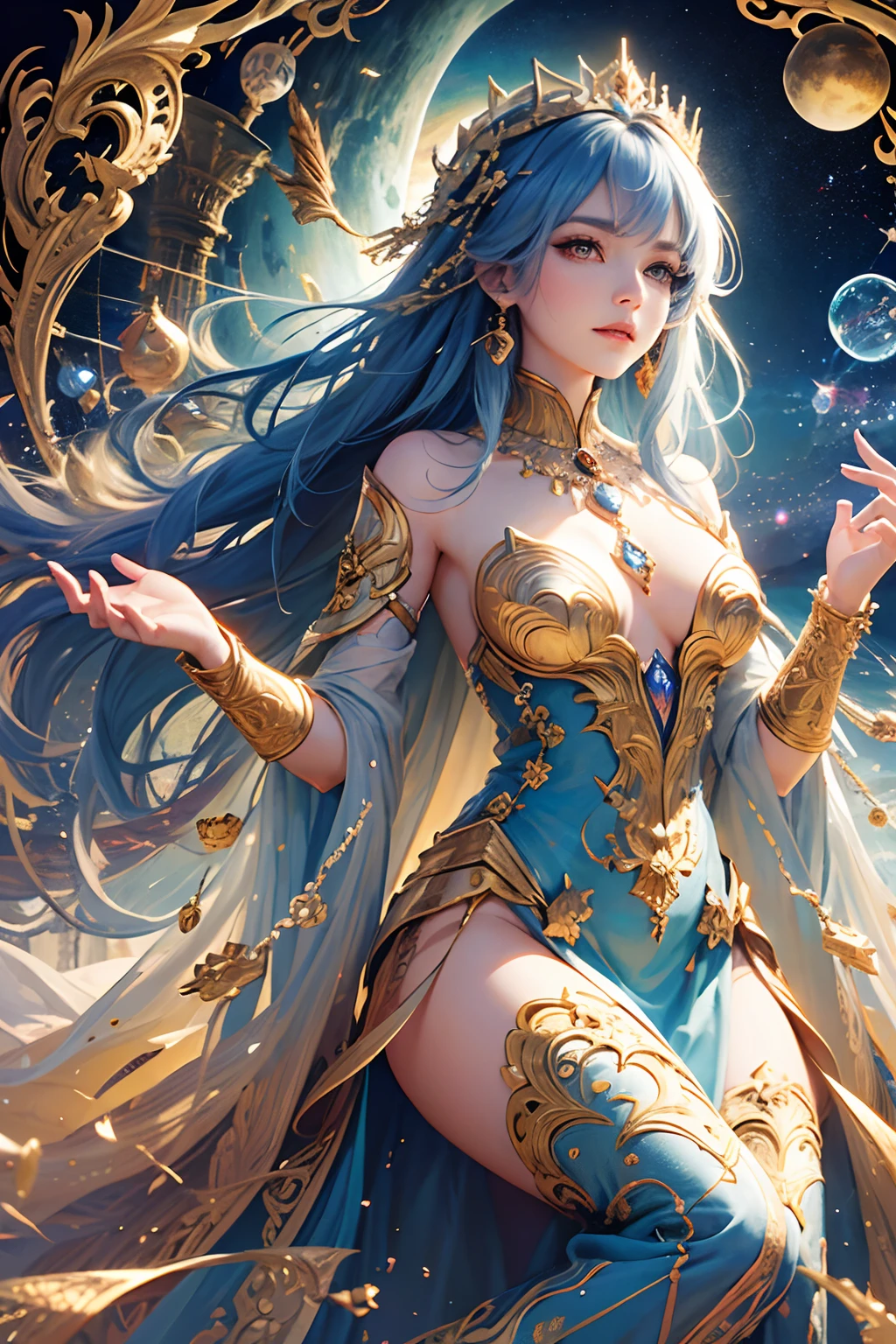 "(Ultra Detail, Best Quality: 1.2), Fantasy Portrait, Goddess of Time's Grace, Commanding the Sands of Eternity, Grasping the Cosmic Hourglass, Eyes (Wisdom of Ages: 1.3), (Crown of Celestial Clocks: 1.4), (Dress of Woven Timelines: 1.5), (Eternal Timeflow: 1.1), (Mystical Atmosphere of Time's Dominion), Time's Tapestry at Her Feet."