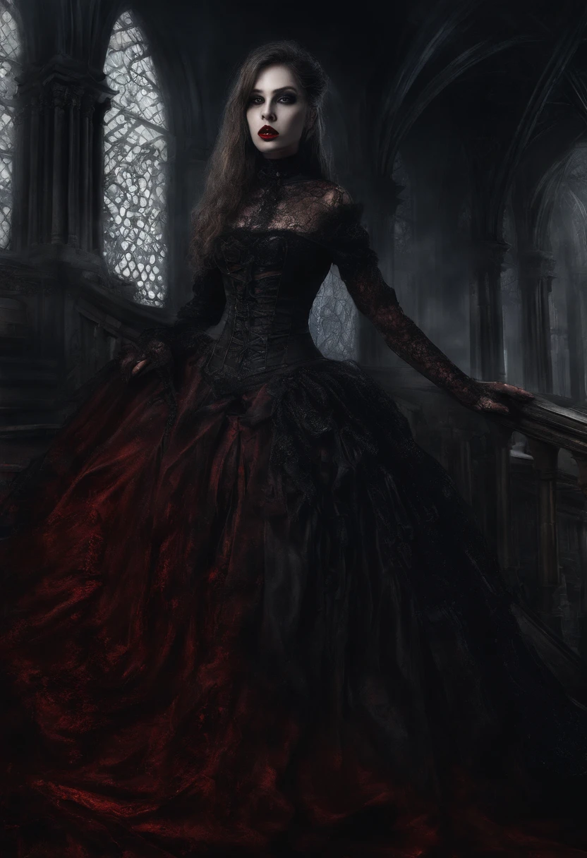 (masterpiece, top quality, best quality, official art, beautiful and aesthetic:1.2), (1girl:1.3), long and curly dark brown hair, ((extravagant updo)), Victorian style, extremely detailed, portrait, looking at viewer, solo, (full body:0.6), detailed background, close up, mischievous eyes, (cold midnight castle theme:1.1), extremely busty vampire, long fangs, blood on chin, huge lips, charlatan, smirk, mysterious, being seductive on a balcony, revealing gothic dress, lace, extremely tight bodice, black attire, red skirts, off shoulder, long sleeves, loose sleeves, black leather, cloak, corset, black dress, fishnets, thigh high black boots, buckles, straps, pouches, glowing blood magic energy, dark red fabric, silver trim, black leather, gigantic breasts, cleavage, skindentation, slim waist, slim hips, long legs, medieval (gothic castle exterior:1.1) background, nighttime, dark mysterious lighting, shadows, magical atmosphere, dutch angle