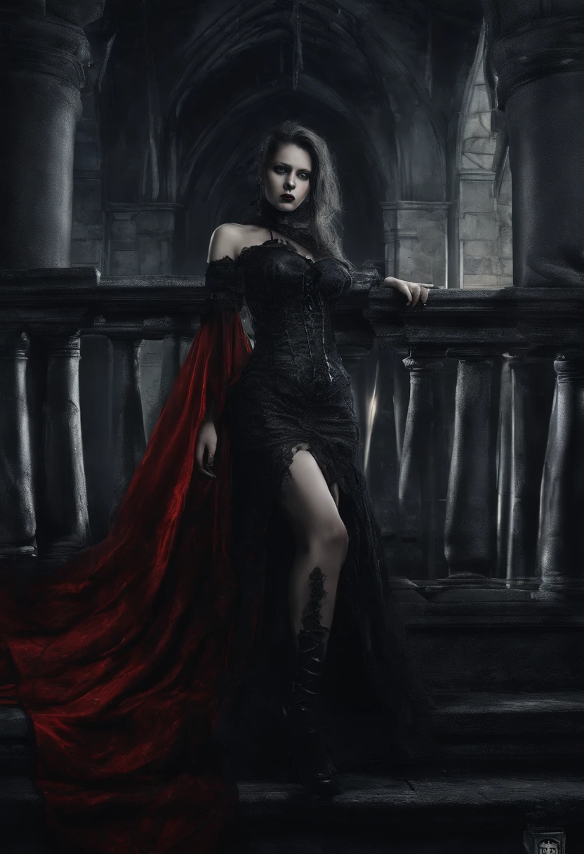 (masterpiece, top quality, best quality, official art, beautiful and aesthetic:1.2), (1girl:1.3), long and curly dark brown hair, ((extravagant updo)), Victorian style, extremely detailed, portrait, looking at viewer, solo, (full body:0.6), detailed background, close up, mischievous eyes, (cold midnight castle theme:1.1), extremely busty vampire, long fangs, blood on chin, huge lips, charlatan, smirk, mysterious, being seductive on a balcony, revealing gothic dress, lace, extremely tight bodice, black attire, red skirts, off shoulder, long sleeves, loose sleeves, black leather, cloak, corset, black dress, fishnets, thigh high black boots, buckles, straps, pouches, glowing blood magic energy, dark red fabric, silver trim, black leather, gigantic breasts, cleavage, skindentation, slim waist, slim hips, long legs, medieval (gothic castle exterior:1.1) background, nighttime, dark mysterious lighting, shadows, magical atmosphere, dutch angle