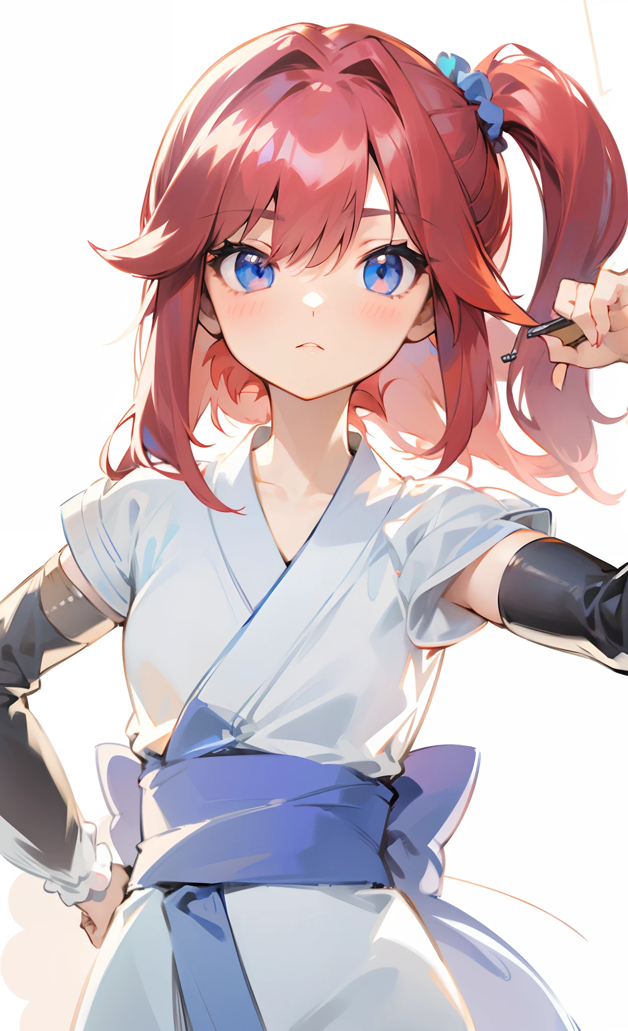 Felix, Felixis D. Irugi, 1 girl, Red hair, White kimono, half Sleeves, side poneyTail, Hair Ornament, Scrunchie, arm warmer, Blue eyes