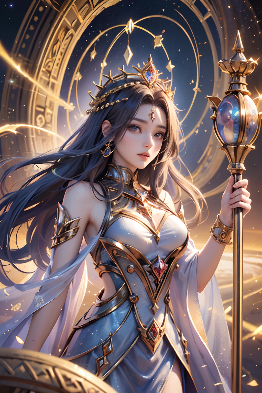 "(Masterpiece, Top Quality: 1.2), Official Art, Time Goddess, Standing Amidst the Sands of Time, Holding the Cosmic Hourglass, Eyes (Chronicles of Eternity: 1.3), Crown of Shimmering Clockwork, (Robe of Flowing Time: 1.4), (Temporal Background: 1.1), (Aura of Temporal Majesty), Gazing Through the Sands of History."