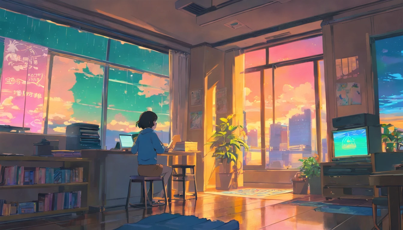 (zero), Menina estudando em seu quarto, Ler um livro, Use fones de ouvido, , luzes noturnas, Neon landscape on a rainy day,analog color theme, Lo-Fi Hip Hop , retrospectiva, plano, 2.5D ,Desenhar uma linha, desenho a tinta digital, Great slope, pintura em aquarela, Goosch Cores, Estilo Studio Ghibli, Amazing color, Tonelada Exterior, Synthwave, Arte Lofi,Estilo anos 90,textura antiga, amplitude,Vibe dos anos 90, masutepiece, Tecnologia tremenda, 16:Escala 9