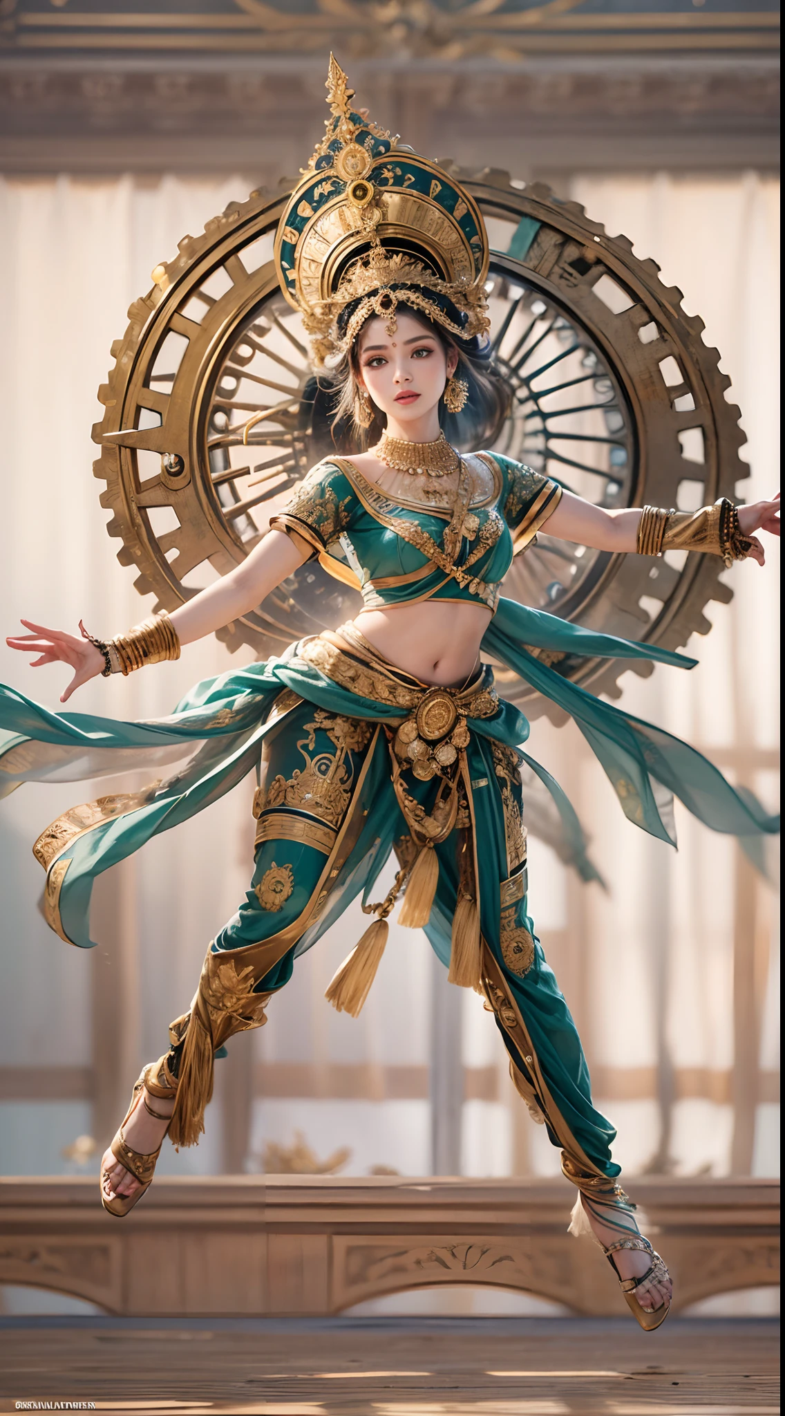 Indian Odysi dancer,Metal color scheme,Highly detailed face and body,Sparkling eyes and vibrant makeup,ornate jewelry,Smooth and elegant movements,traditional Indian clothing,Gears and clockwork mechanisms are widely used,Ethereal background with hints of Indian architecture,Professional studio lighting,Dramatic shadows and highlights,Elegant and complex dance poses,Contrasting colors and textures,Technology blends with traditional art。(Best quality,4K,8K,A high resolution,Masterpiece:1.2),((Realistic,Photorealistic,photo-realistic:1.37))