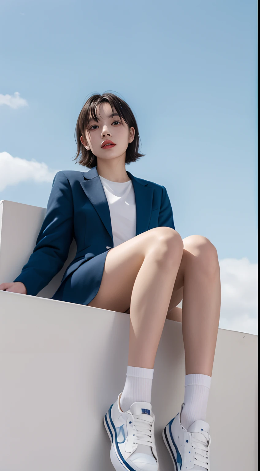 1Girl, white_Short_heads, bangss, white_Shorts, ((blazer)), Sock, white_Sneakers,
((looking_al_viewer)), Sitting_down, Chair,
(From below), ((blue_sky, clouds)), white_Wall,