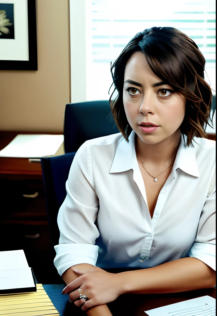 masterpiece, lifelike upper body image of AubreyPlaza, wearing a white blouse, photo realistic, highly detailed, arms folded, detailed face, resting bitch face, dramatic lighting, detailed eyes, sitting behind desk