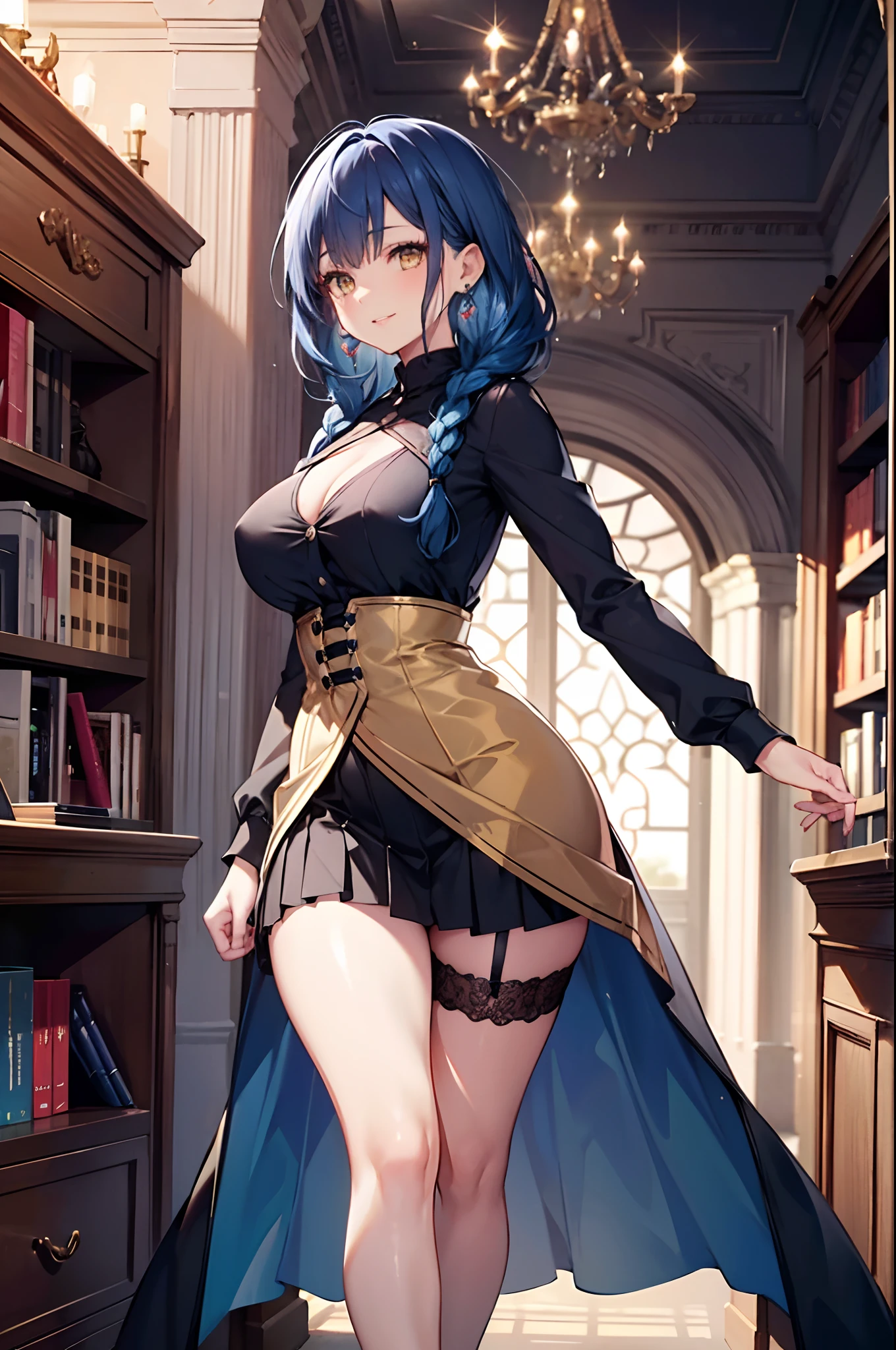 Realistic and detailed image of a girl. Dressed in a long sleeved black shirt, embroidered pleated mini skirt and garters, she wears an ochre colored cape. Long silky midnight blue hair that is unusually shiny combed with complex braids to the right. Golden eyes. She has earrings, long eyelashes. She has full, smiling lips. Medium breasts, slim waist, very wide hips and thick thighs. view of breasts. Arched back. She is walking sensually through a library surrounded by books.