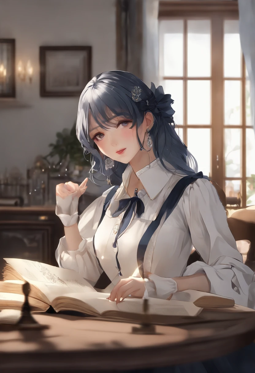 (Solo, 1girl), (masterpiece, highest quality, Super Detail:1.6), 8K, Best Quality, reading an old book, holding a book close to face, (navy blue hair), Anime, wavy bob hair, wearing black long sleeve blouse, long skirts, high neck blouse, (front view, frontal face, from front, light from front), bedroom, 30 years old, open mouth, :d, super fine illustration, soft lighting, extremely beautiful girl, (extremely detailed eyes), no rouge,