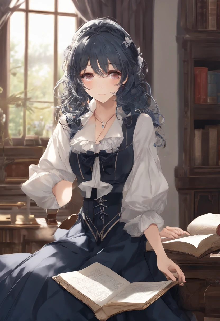 (Solo, 1girl), (masterpiece, highest quality, Super Detail:1.6), 8K, Best Quality, reading an old book, holding a book close to face, (navy blue hair), Anime, wavy bob hair, wearing black long sleeve blouse, long skirts, high neck blouse, (front view, frontal face, from front, light from front), bedroom, 30 years old, open mouth, :d, super fine illustration, soft lighting, extremely beautiful girl, (extremely detailed eyes), no rouge,