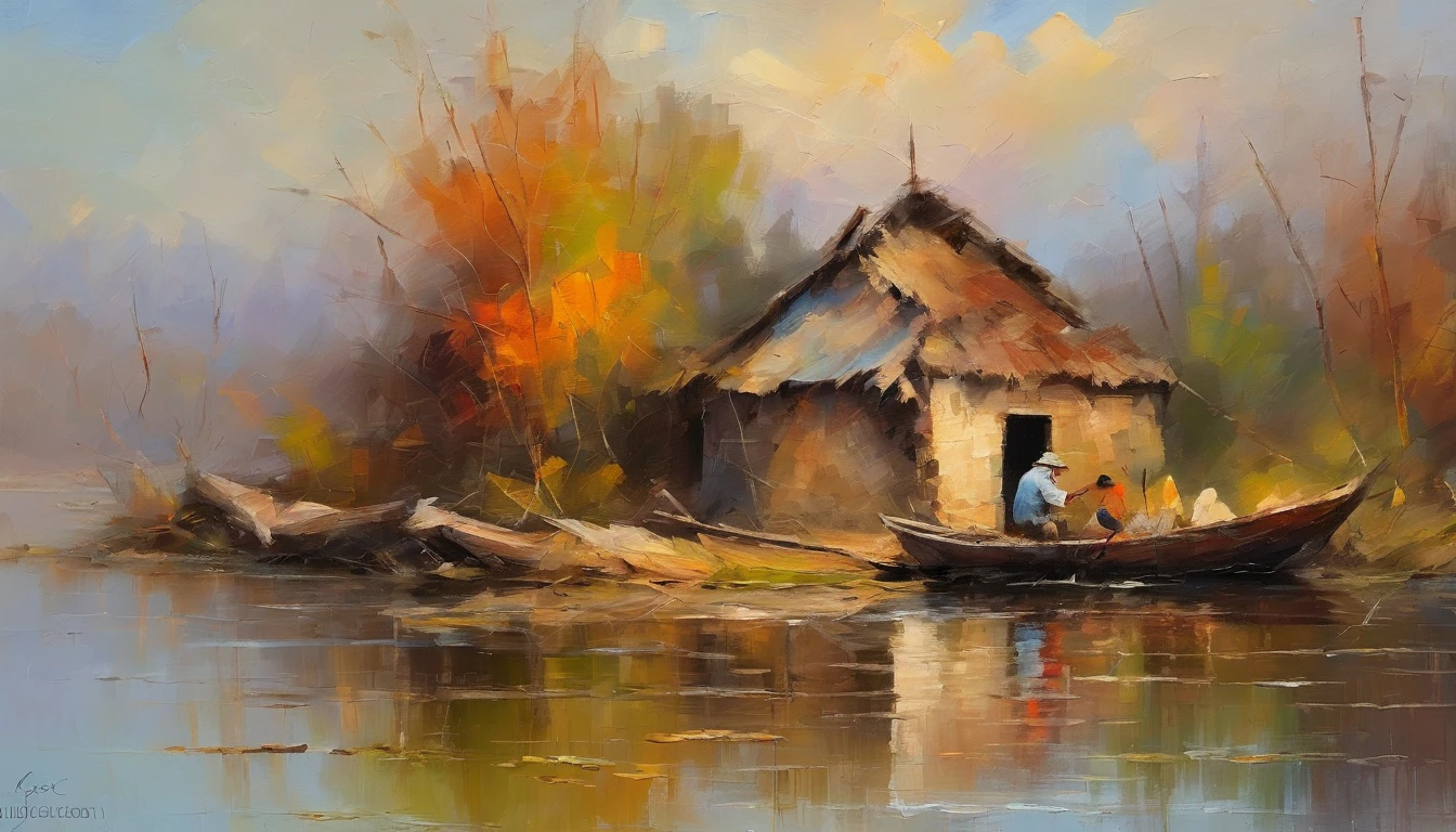 2 old huts on the riverbank, an old man fishing on a boat, ducks and pigeons flying in the sky, a masterpiece