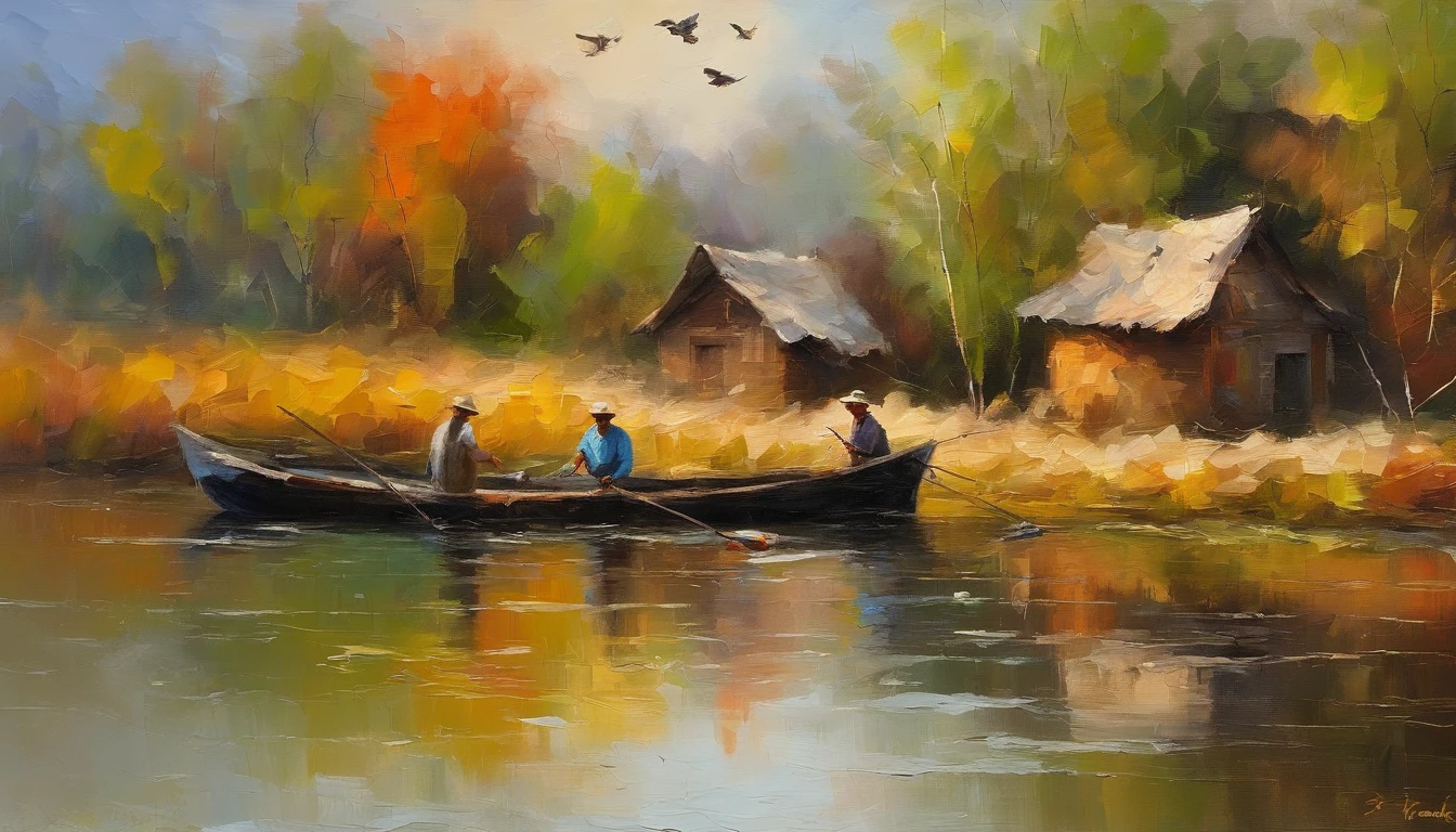 2 old huts on the riverbank, an old man fishing on a boat, ducks and pigeons flying in the sky, a masterpiece