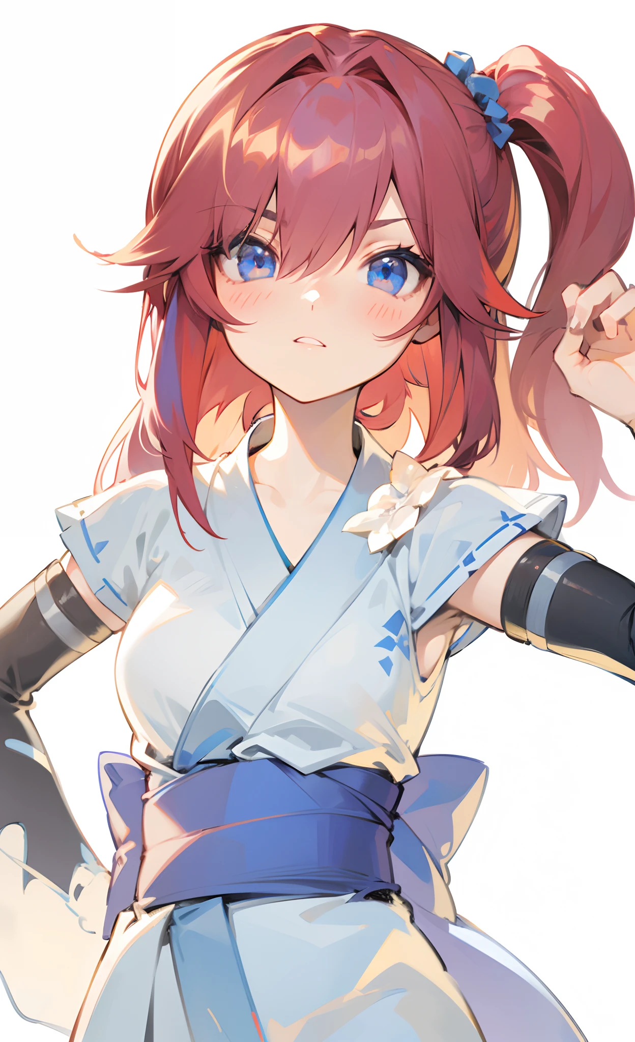 Felix, Felixis D. Irugi, 1 girl, Red hair, White kimono, half Sleeves, side poneyTail, Hair Ornament, Scrunchie, arm warmer, Blue eyes