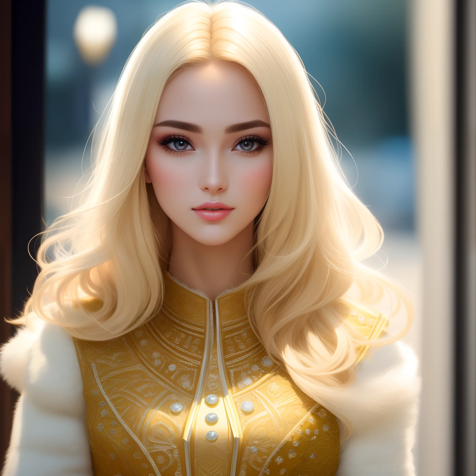 Photo of blonde woman with natural skin, Long, fluffy hair, Sharp eyes, The nose is thin and upturned, Beautifully shaped lips, and an hourglass character, Wear typical clothes and makeup. It has to be intricate and maximally detailed, vibrant, Epic, smooth, Cinematic, HD, The light from the back window is backlighted, And the depth of field is shallow.