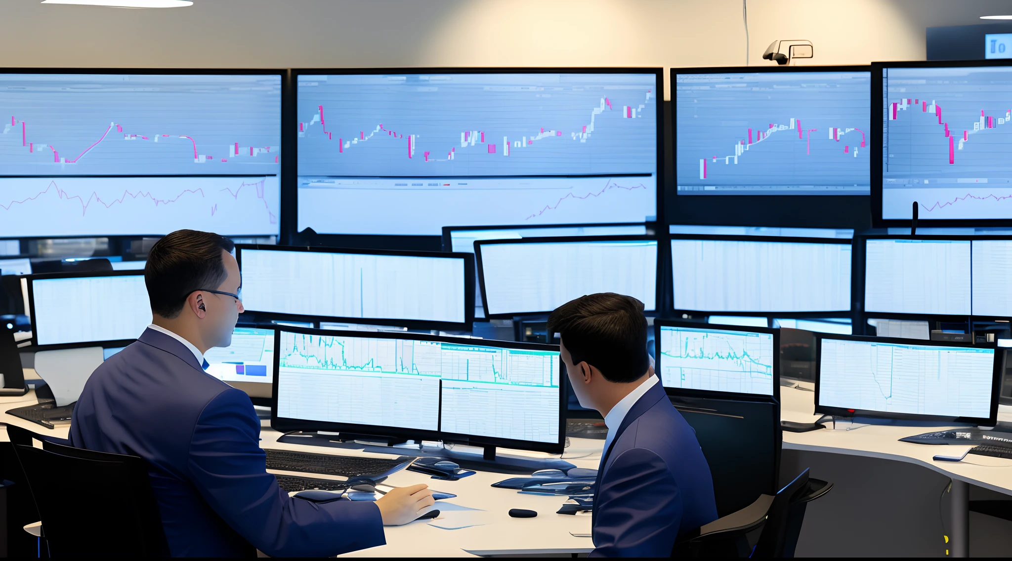 there is a man sitting at a desk with multiple monitors, displaying stock charts, advanced technology, take control of your data, highly focused, center focused, digitally enhanced, looking at monitor, trading stocks, technical, trading, multi-dimensional, traders, skilled, in the background, trending on markets, professional, monitor, looking partly to the left