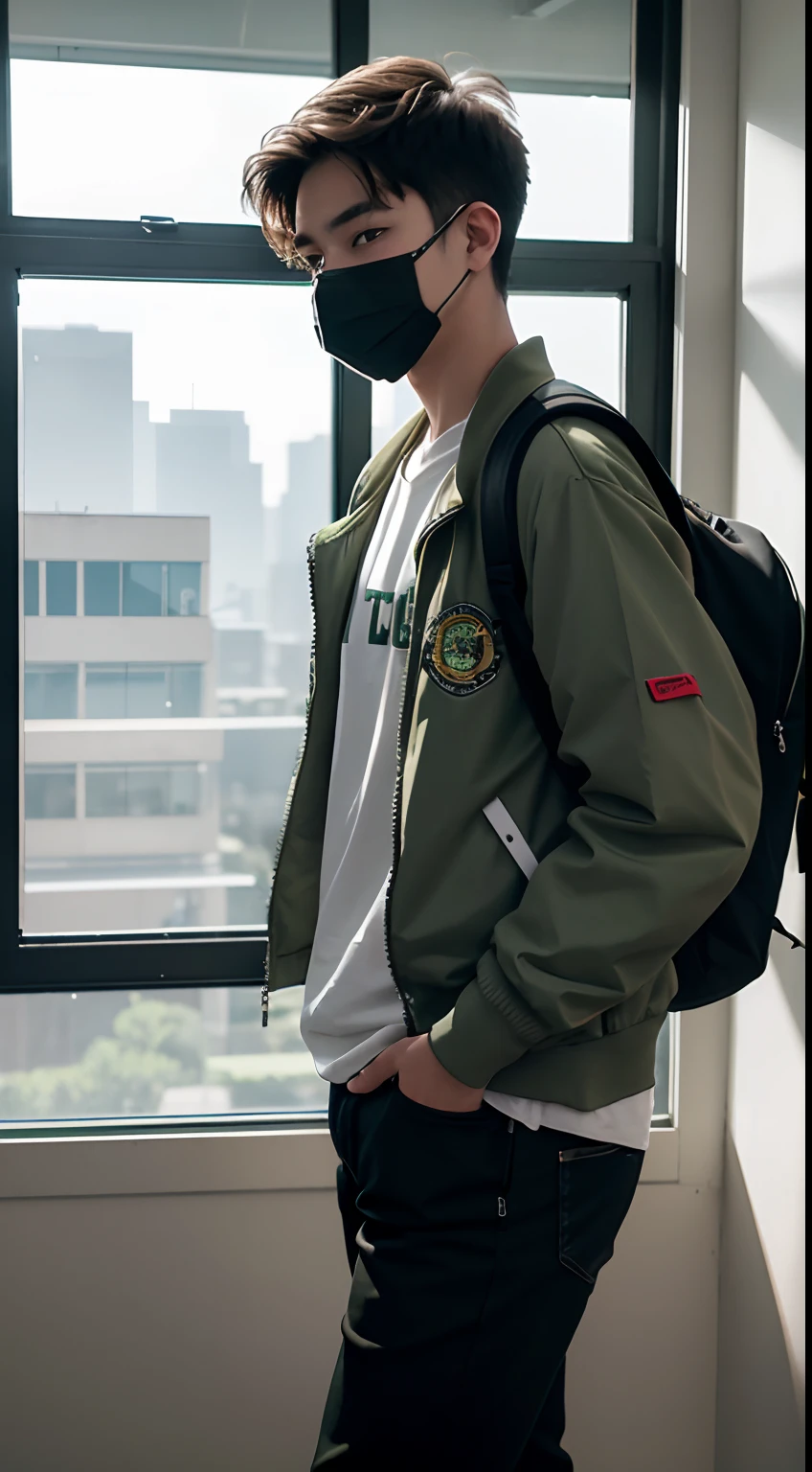 18 year old man, he is wearing a green jacket, he is wearing black trousers, he is wearing white sneakers, he is wearing a mask, he is carrying a backpack, he was at school, sunlight reflected in the window, bustling school atmosphere, very realistic, very detailed
