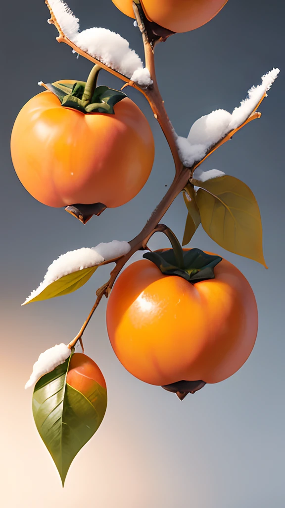 A frozen branch,There are two small yellow persimmons on top,vague background,Frost,Early winter weather