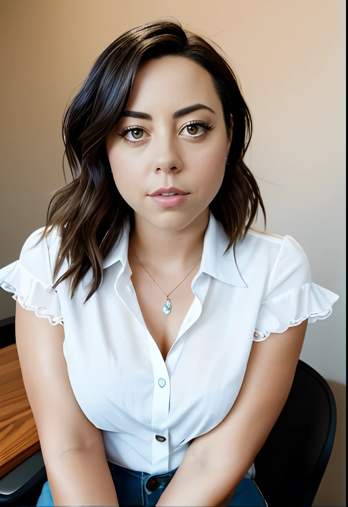 masterpiece, lifelike upper body image of AubreyPlaza, wearing a white blouse, photo realistic, highly detailed, arms folded, detailed face, resting bitch face, dramatic lighting, detailed eyes, sitting behind desk