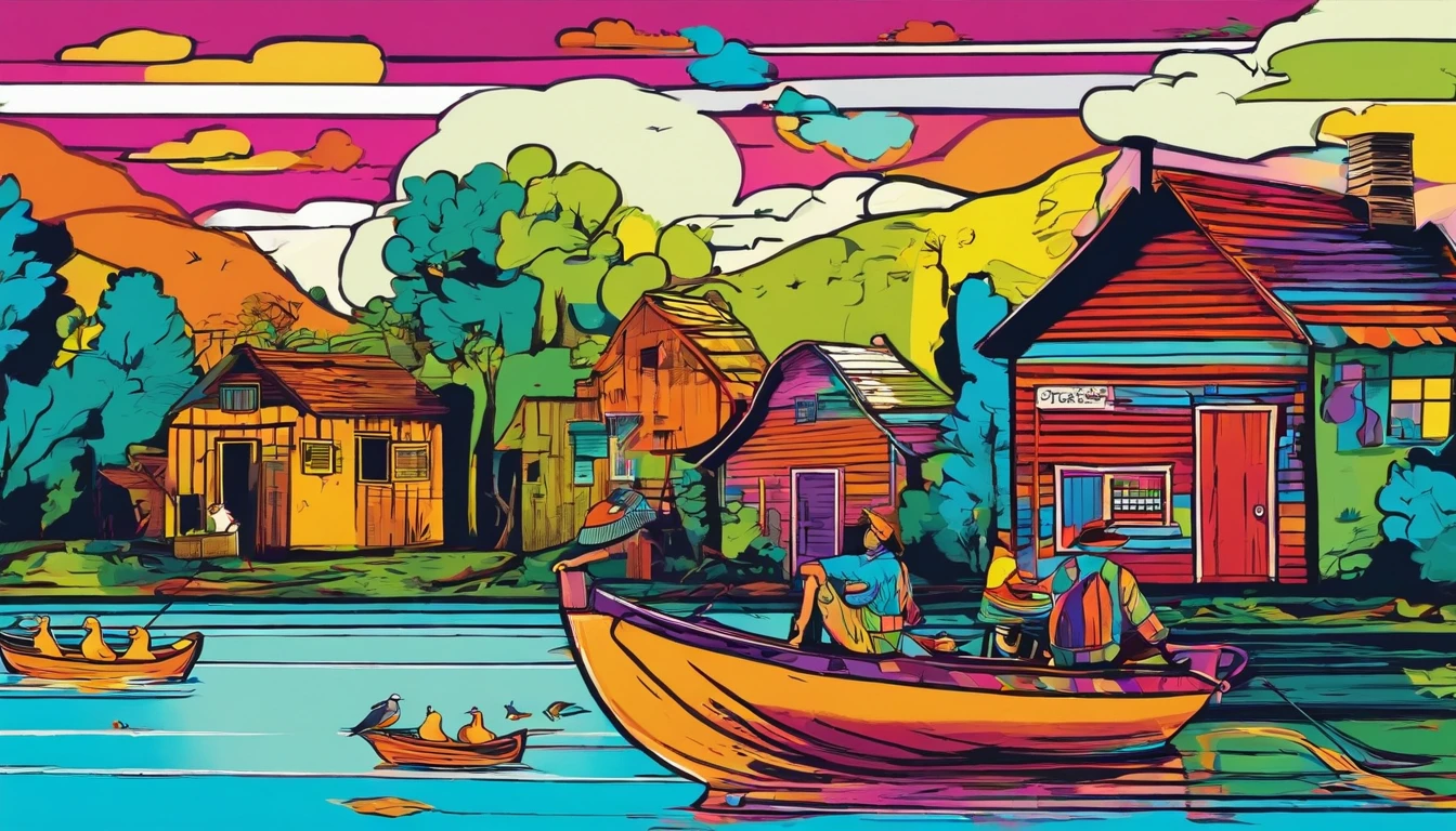 2 old huts on the riverbank, an old man fishing on a boat, ducks and pigeons flying in the sky, a masterpiece