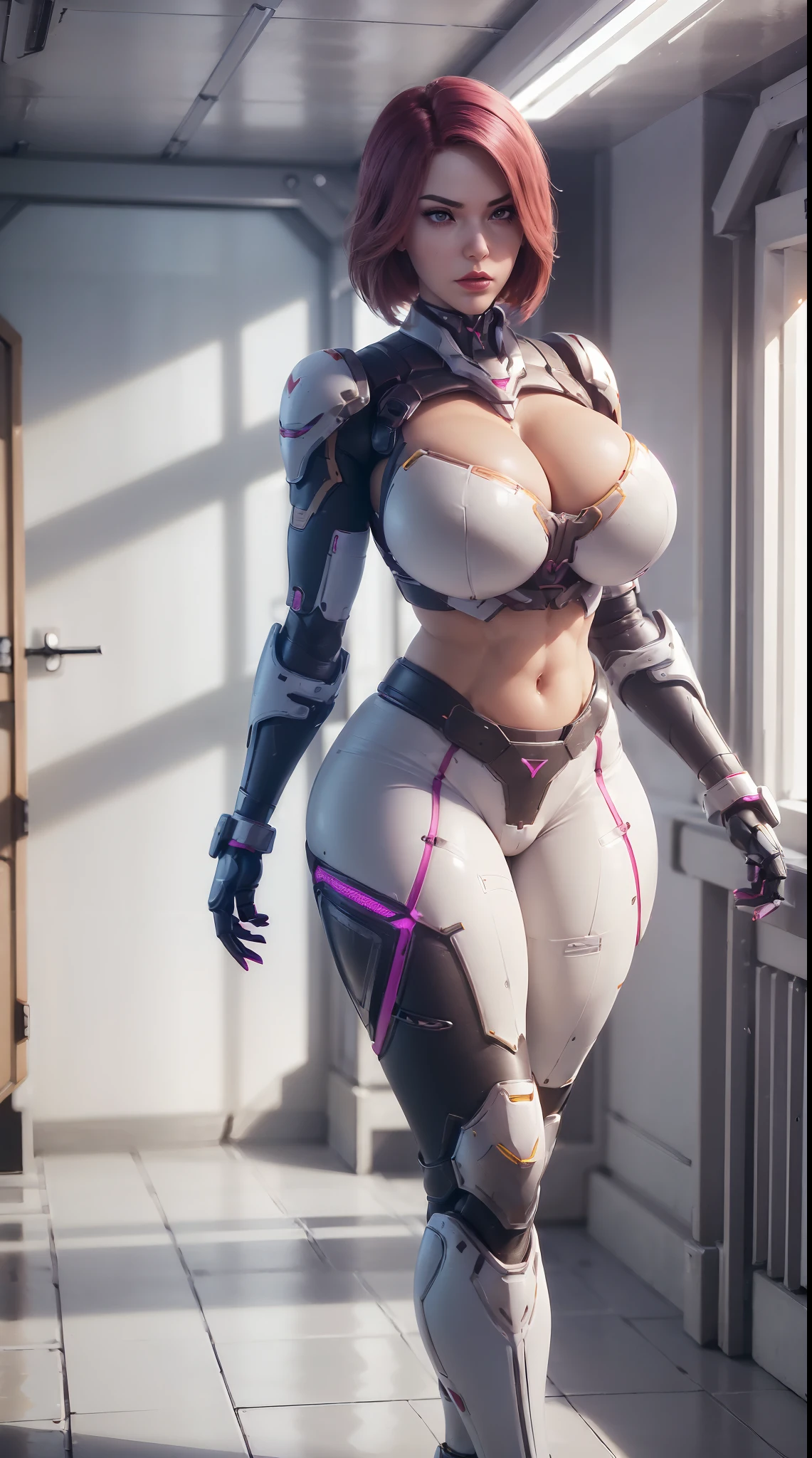 (1GIRL,SOLO:2), (super detailed face), ((BIG BUTTOCKS, HUGE FAKE BREASTS:1.5)), (CLEAVAGE TOP:1.5), (MUSCLE ABS FEMALE:1.4), (MECHA GUARD ARM:1.4), ((WEAR MAGENTA RED WHITE OVERWATCH MECHANICAL ARMOR CROP TOP, BLACK MECHANICAL SKINTIGHT SUIT PANTS, MECHA GUARD ARMOR LEGS, HIGH HEELS:1.5)), (LEWD VOLUPTUOUS BODY:1.3), (GLOSSY SKIN:0.8), (LONG LEGS, FULL BODY:1.1), (LOOKING AT VIEWER:1.3), (female focus:0.886), (WALKING DOWN HALLWAY OF FUTURISTIC SPACE STATION:1), (BRIGHT LIGHT WHITE_ROOM:1.3), SUPER TEXTURE, UNREAL ENGINE RENDER, PHYSICALLY-BASED RENDERING, ULTRA HIGHT DEFINITION, 16K, 1080P.