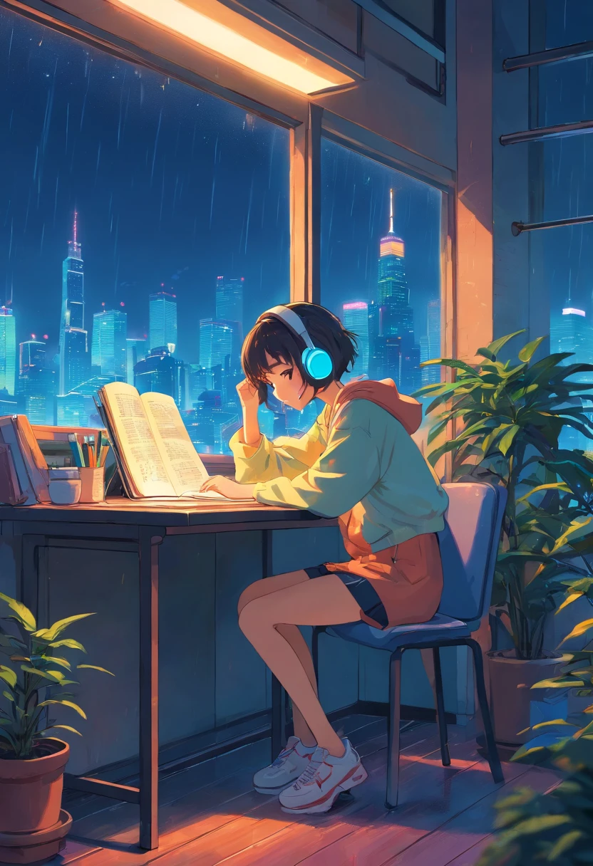 (lofi), Girl studying on the table, Reading a book, Put on the headphones, , Night light, Neon landscape on a rainy day,Analog Color Theme, Lo-Fi Hip Hop , Retrospective, Flat, 2.5D ,line-drawing, Ink drawing, Large incline, watercolor paiting, Goosch color, Studio Ghibli style, Awesome colorful, Outturn, Synth Wave, lofi art,90s style,Old textures, amplitude,90s atmosphere, masutepiece, Huge skill