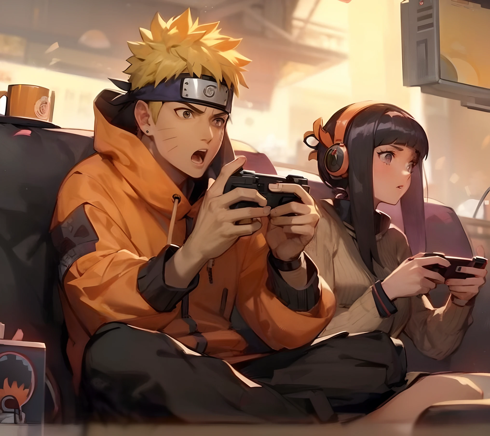 anime characters sitting on a couch playing video games on their phones, anime style 4 k, naruto in gta v, trending anime art, hinata hyuga, anime wallaper, badass anime 8 k, naruto artstyle, anime style. 8k, anime vibes, 8k anime, high quality fanart, high quality anime artstyle, trending anime artwork high quality eyes high quality face, hinata hyuga face