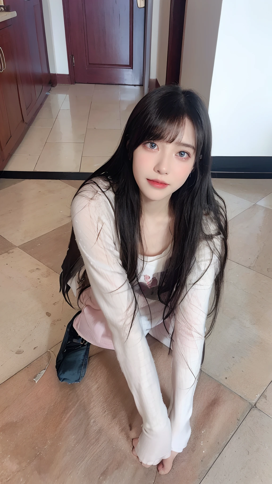 Top quality, Masterpiece, 超高分辨率, (Realistic, : 1.4), Original photo, (True skin texture: 1.3), (filmgrain: 1.3), in a panoramic view, Portrait, Very wide lens, Narrow waist, cowboy lens, (bangs, Inconspicuous, Cold light,) Night, Close-up, Tears, Short hair, neck long, ears sticking out, bangs, Big eyes, Brightly Colored Eyes, In the house, Dust, Tindall effect, (Facial expression), Sitting, (hitting a wall), Crying, Frowning, (Looking down), Nervousness, Tears, smiling happily
one girl, eyes and face with beautiful details, White jabot, pink dark V, Brown eyes,