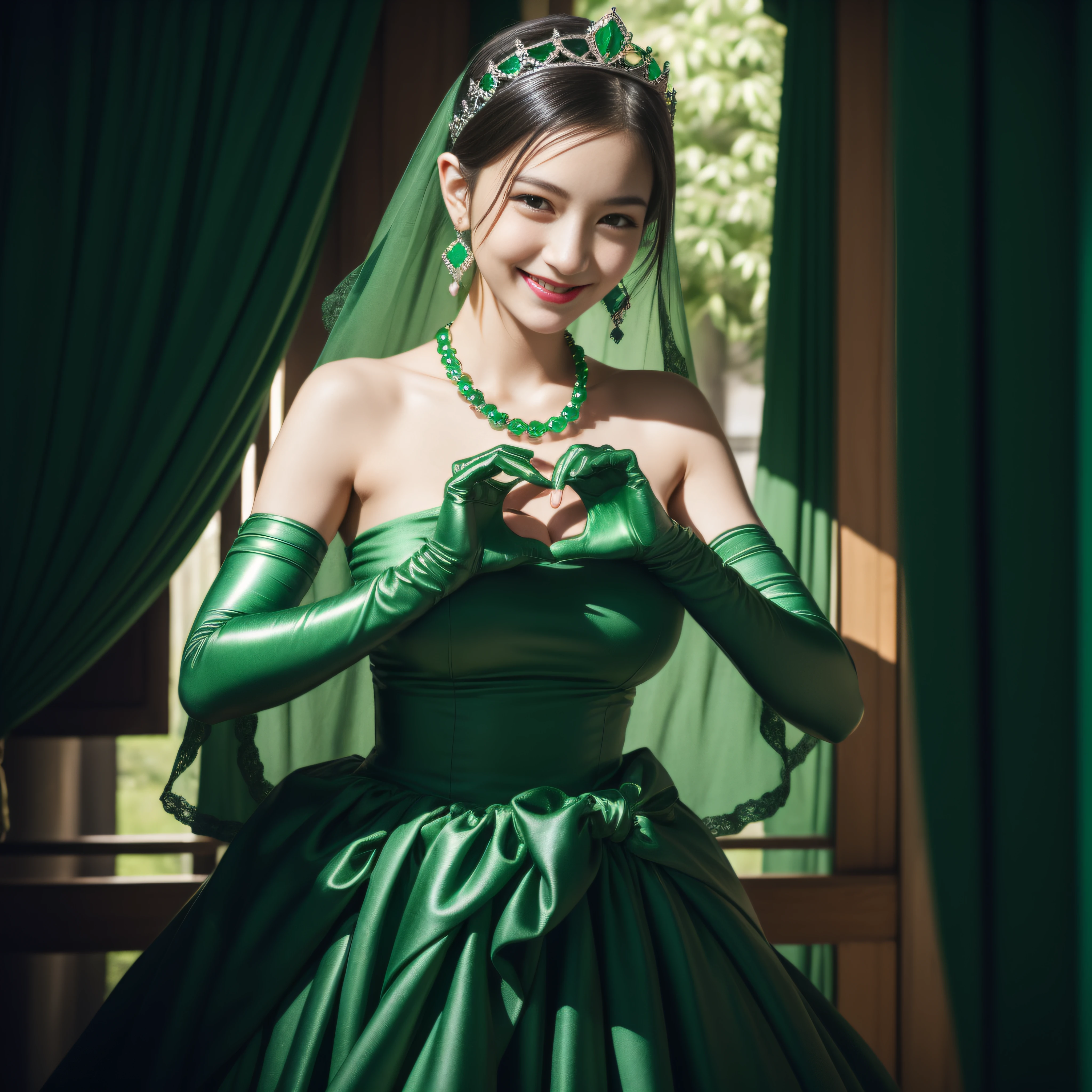 emerald tiara, Green Pearl Necklace, Boyish very short black hair, lipsticks, Japan woman smiling, very short short hair, big breasts beautiful, Green eyes, Long green gloves made of satin material, Green eyes, Emerald Earrings, green vale, Heart with both hands, A dark-haired