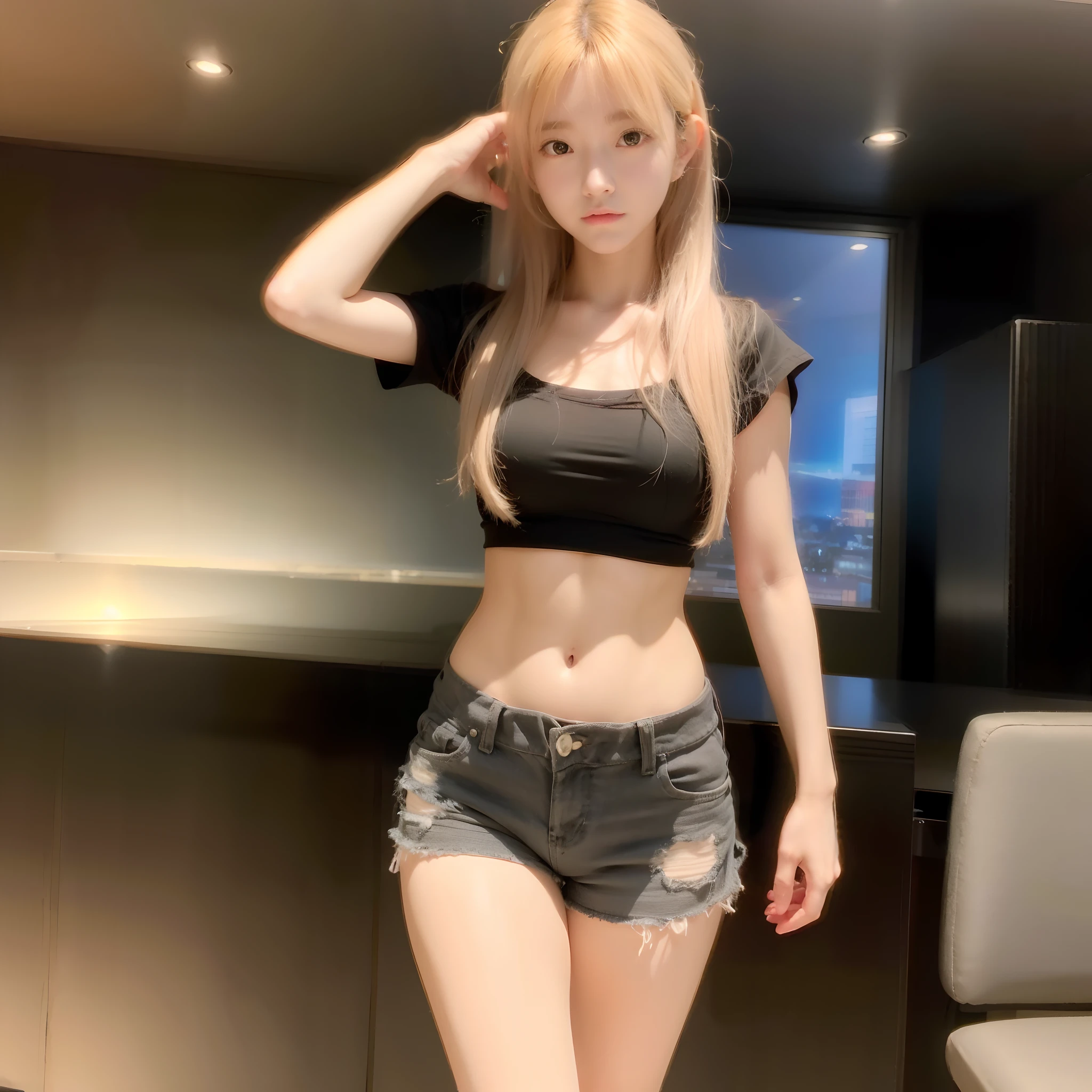 Best Quality, Masterpiece, High Resolution, 8K, (Realistic: 1.4), Ultra High Resolution, 1 Girl, Ultra Detailed, Surreal, Highly Detailed CG Illustration, Official Art, Cinematic Light, Reality, Young Beautiful Girl, Perfect Figure, Perfect Figure, Full View, Perfect Body, (Starting below: 1.3), Pose, Sexy Long Legs, Confident, Beautiful Sexy, Grey Short Sleeves, Open Abdomen, Black Super Shorts, S-shaped Body, Upturned Hips, Assuming, Posing, Different Perspectives