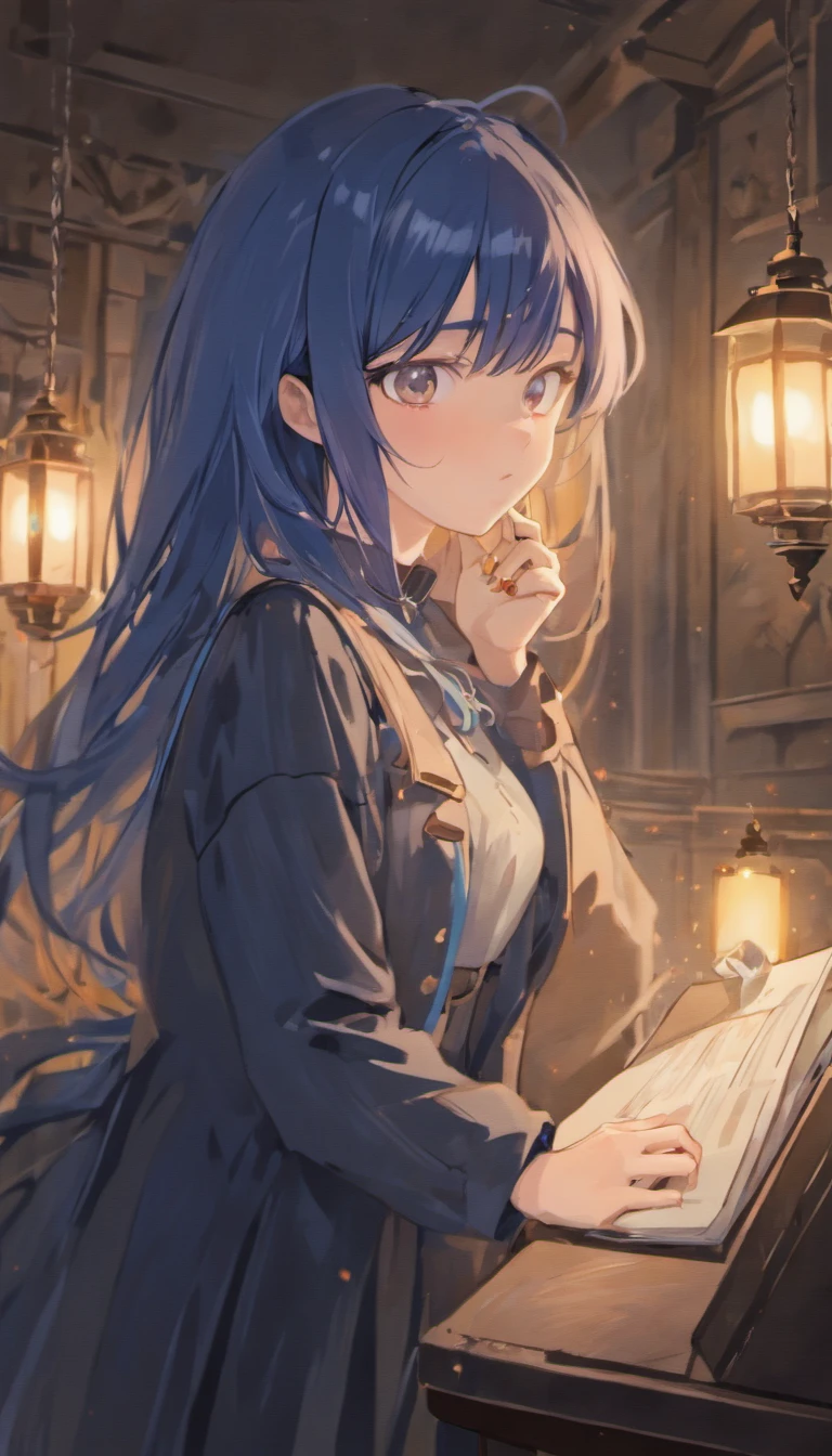 (Solo, 1girl), (masterpiece, highest quality, Super Detail:1.6), 8K, Best Quality, reading an old book, holding a book close to face, (navy blue hair), Anime, wavy bob hair, wearing black long sleeve blouse, long skirts, high neck blouse, (front view, frontal face, from front, light from front), bedroom, 30 years old, open mouth, :d, super fine illustration, soft lighting, extremely beautiful girl, (extremely detailed eyes), no rouge,