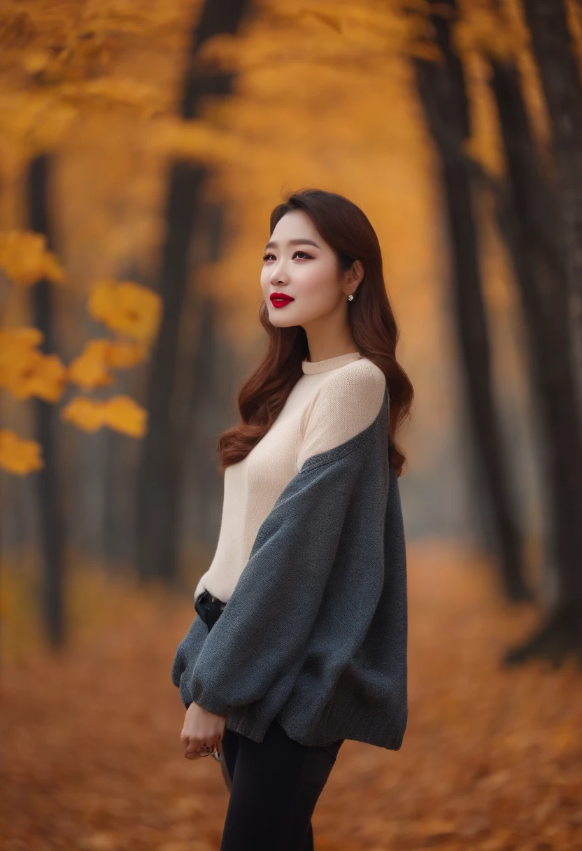 Best quality, 4K, 8K, Beautiful girl, Korean makeup, Cherry red lips, Smiling, Clear face, upper legs, Perfect body,disturb, high-necksweater, long jeans, tight costume, The chest is not tight, Maple forest, falling leaf, Cold,