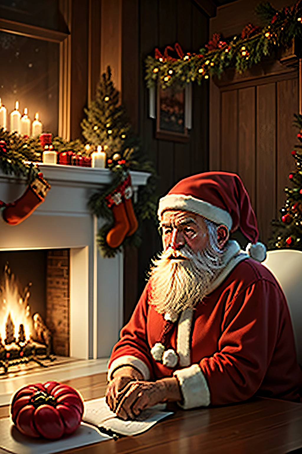 Em uma casa de estilo europeu，Santa Claus is sitting in front of the fireplace, olhando para a lista de presentes，Christmas Tree Gift Decoration, Santa, cada，tordo，Elementos natalinos，Estilo Europeu，The apartment is full of Christmas presents，Very high resolution, Arte tradicional, Santa's Studio, ultra-high resolution, illustration, Christmas Eve, ultra-high resolution, Papai Noel em um celeiro rural, hiper realisitc，primoroso、melhor qualidade、ultra detalhado、fim、Detalhes de posicionamento、cor colorida