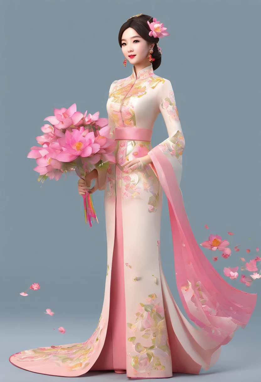 image of girl wearing ao dai holding a bunch of lotus flowers, cute and beautiful, high resolution photo, sharpness, face with coins, long hair, wearing a conical hat, welcoming guests, provocative and sexy pose , whole body