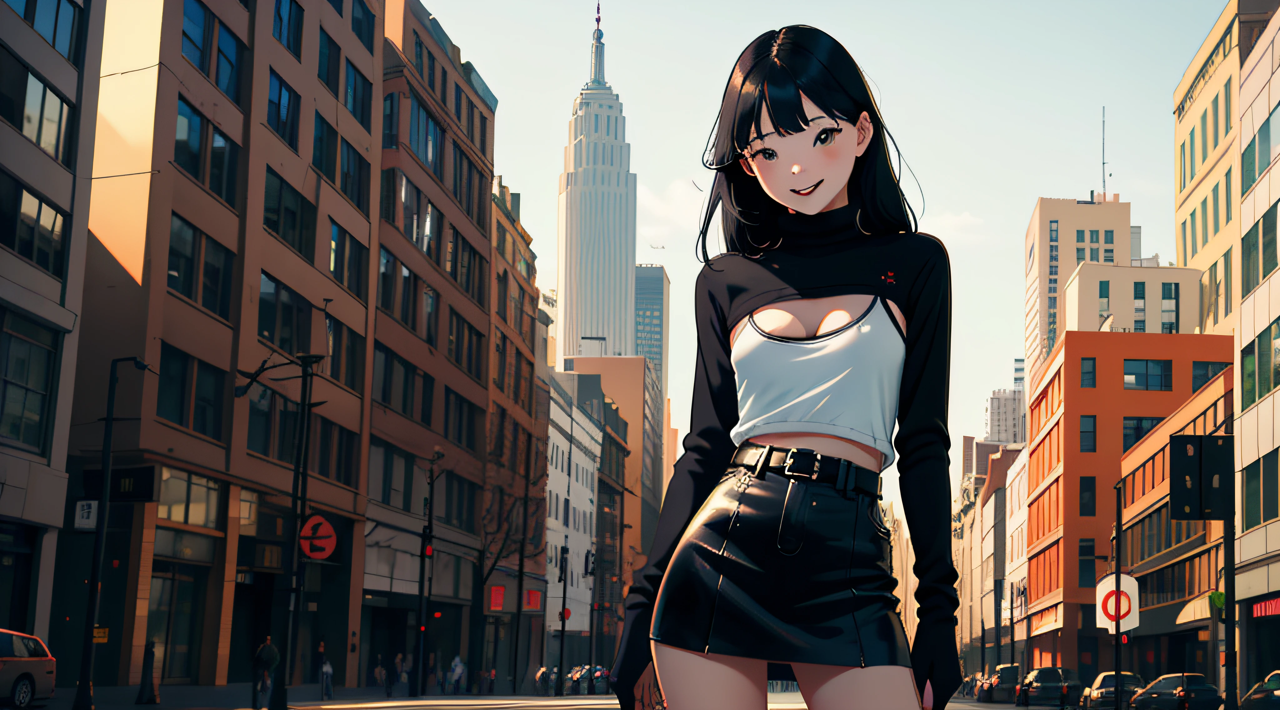 masterpiece, Top Quality, Absurdity, Perfect Anatomy, One Girl, Solo, Shrug \(clothing\), Long sleeve, Miniskirt, Standing, City, Outdoors, Cowboy shot, Smile, Black hair