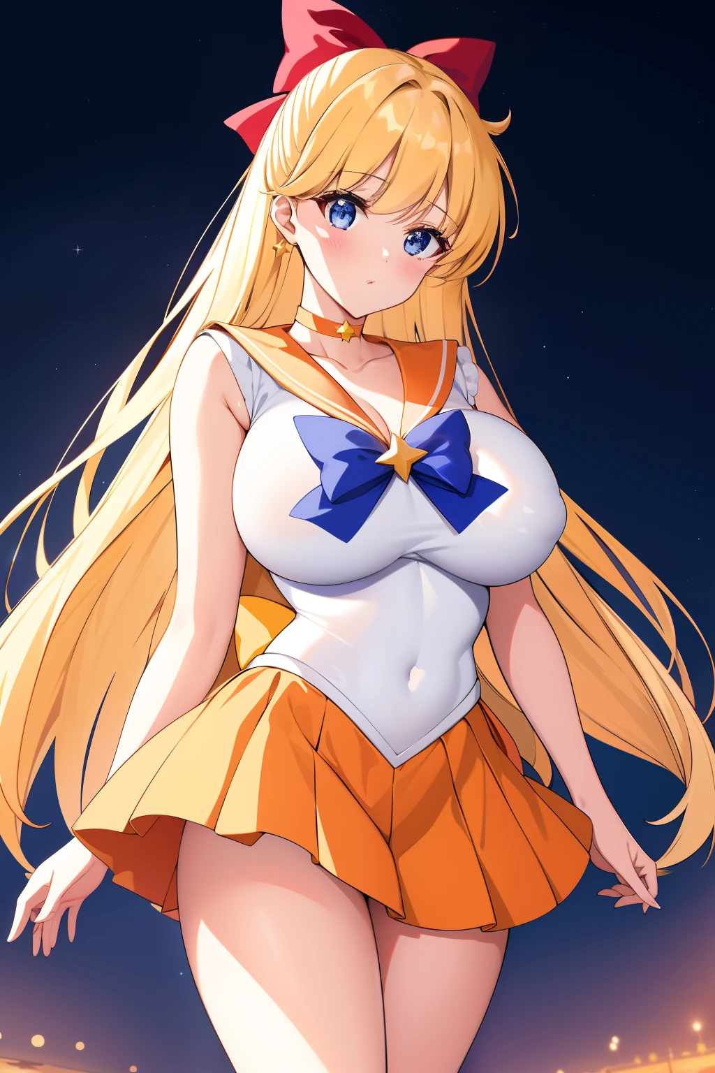 rating:safe、aino minako、Very long blonde woman、Sailor Senshi Uniform、Anime Aunt、A MILF、Orange Choker、Golden Choker、bow、jewelry、white glove、elbowgloves、skirt、magical girl、Blue-eyed woman、sailorvenus、Orange sailor collar、Golden sailor collar、purple bowtie、耳Nipple Ring、solo、red_bow、White leotard、highleg leotard、robe blanche、back_bow、Woman with very large breasts、huge tit、circlet、hair_bow、a miniskirt、pleatedskirt、Orange skirt、Golden skirt、starry_sky、starrysky、sky、cowboy_shot、purple_bow、looking_at_viewer、Half Up Hair、Woman standing、collarbone、crescent、star_(symbol)、heart、bangs、nigh sky、night、parted_bangs、cleavage、bare legs、Bare shoulders、1990's\(styles\)、