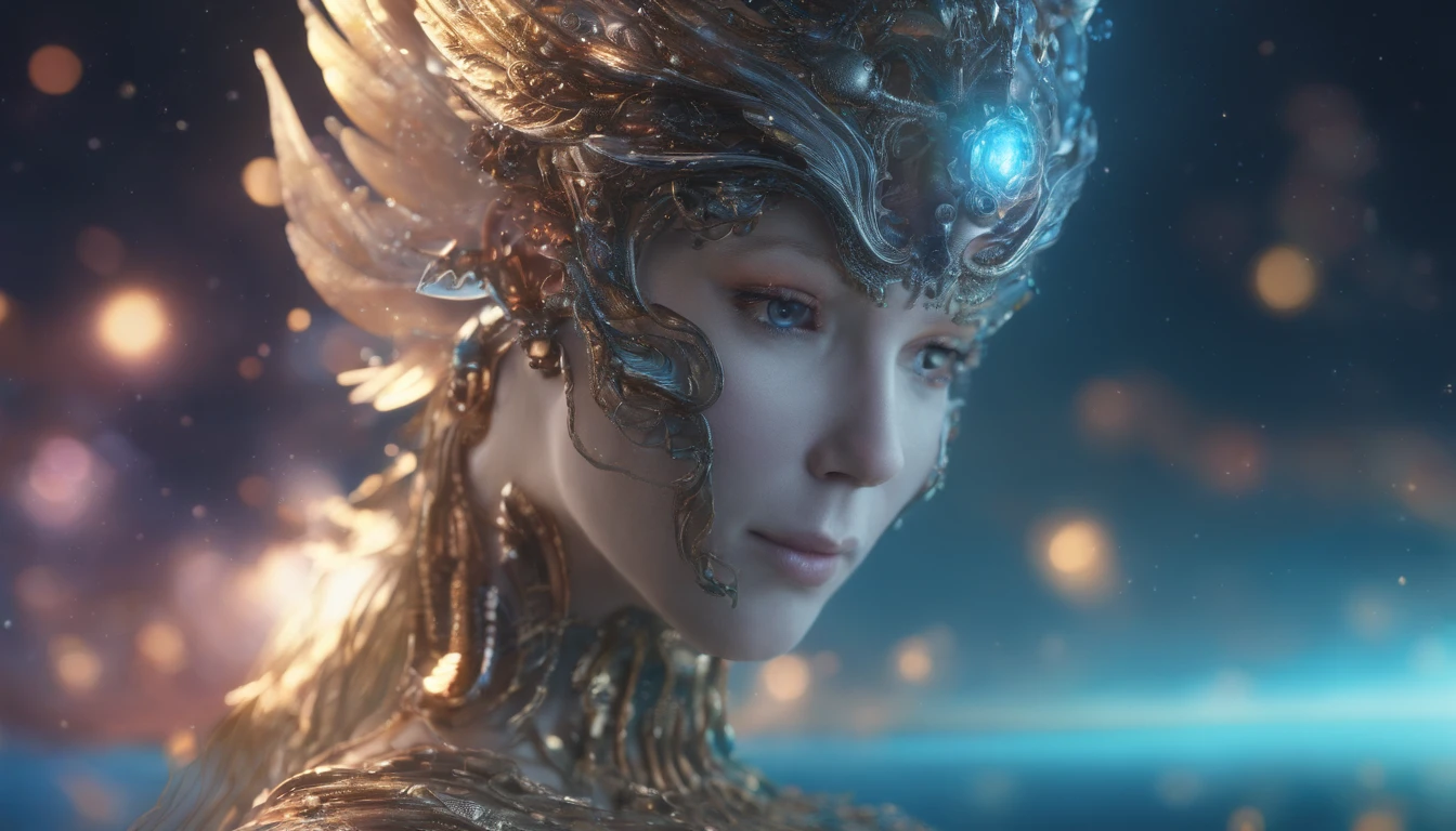 Cosmic Fallen Angel, glowing light eyes, Delicate and beautiful face，Bigchest，Biomechanical, eerie, Dream-like, Very bright colors, Light particles, with light glowing, Mshiv, wallpaper art, UHD wallpaper