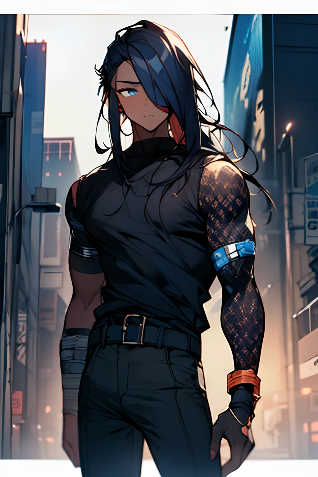 (Best Picture:1.2), (Best Quality:1.3), style, niji, Masterpiece, highest quality, cowboy shot, finely detail, detailed face, full of details, highly detailed, depth, standing, 1boy, cyberpunk, dark skin, prosthetic arm, eyepatch, dark blue hair, long hair, simple clothes